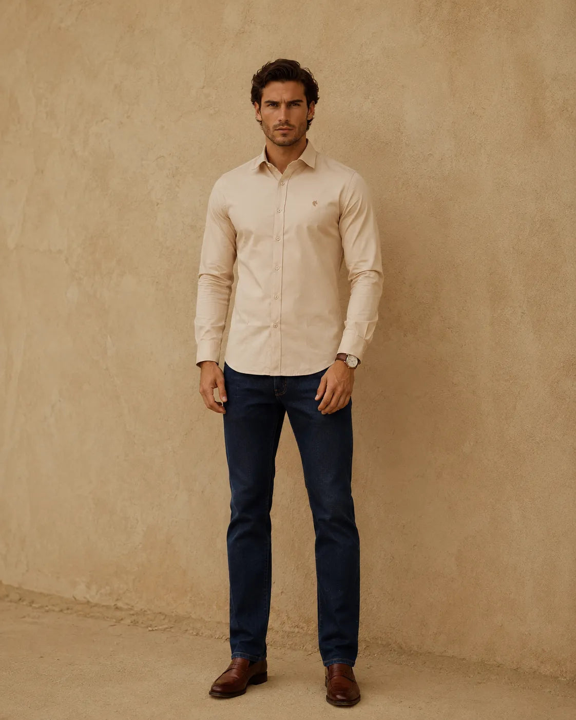 Beige - Solid Slim Fit Oxford Shirt