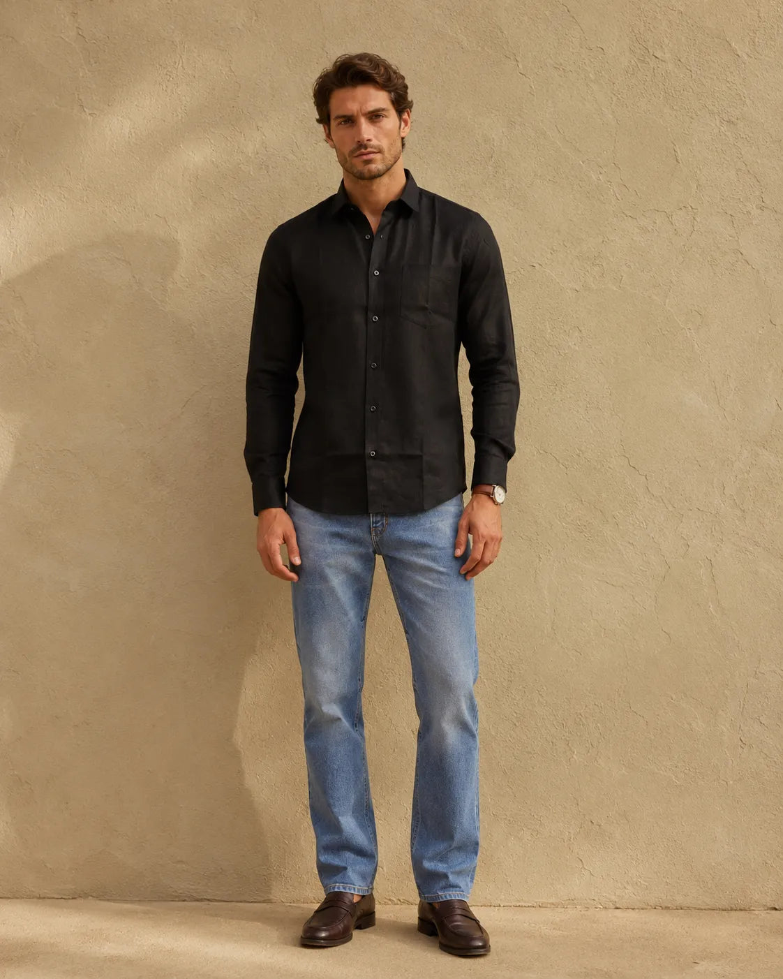 Black- Men's Linen Solid Slim Fit Shirt