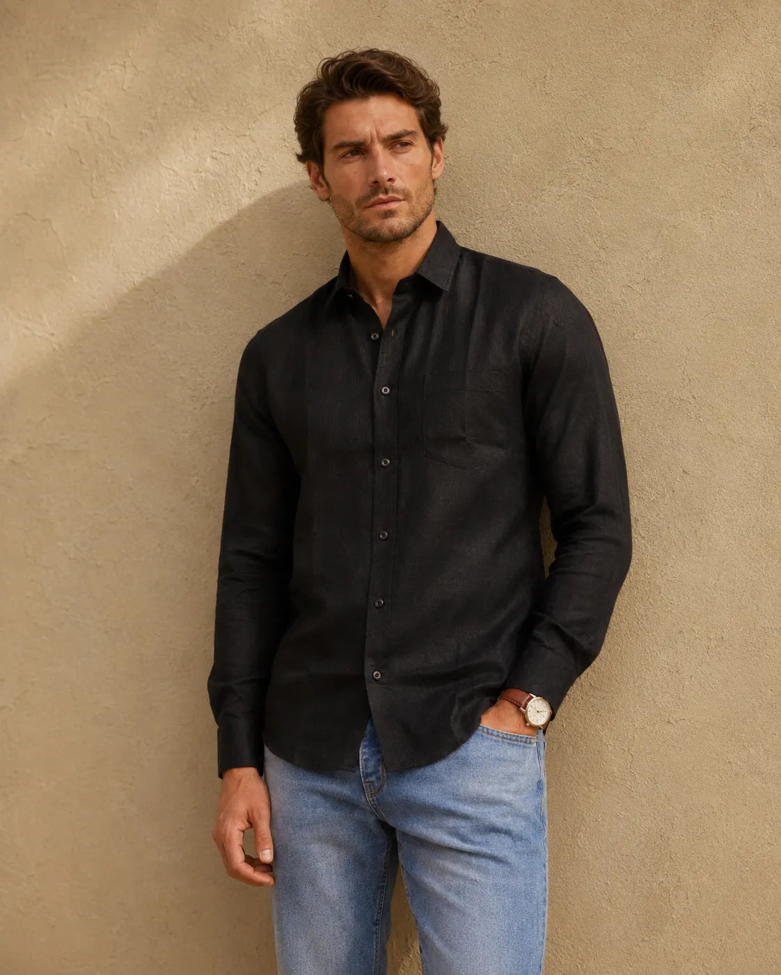 Black- Men's Linen Solid Slim Fit Shirt