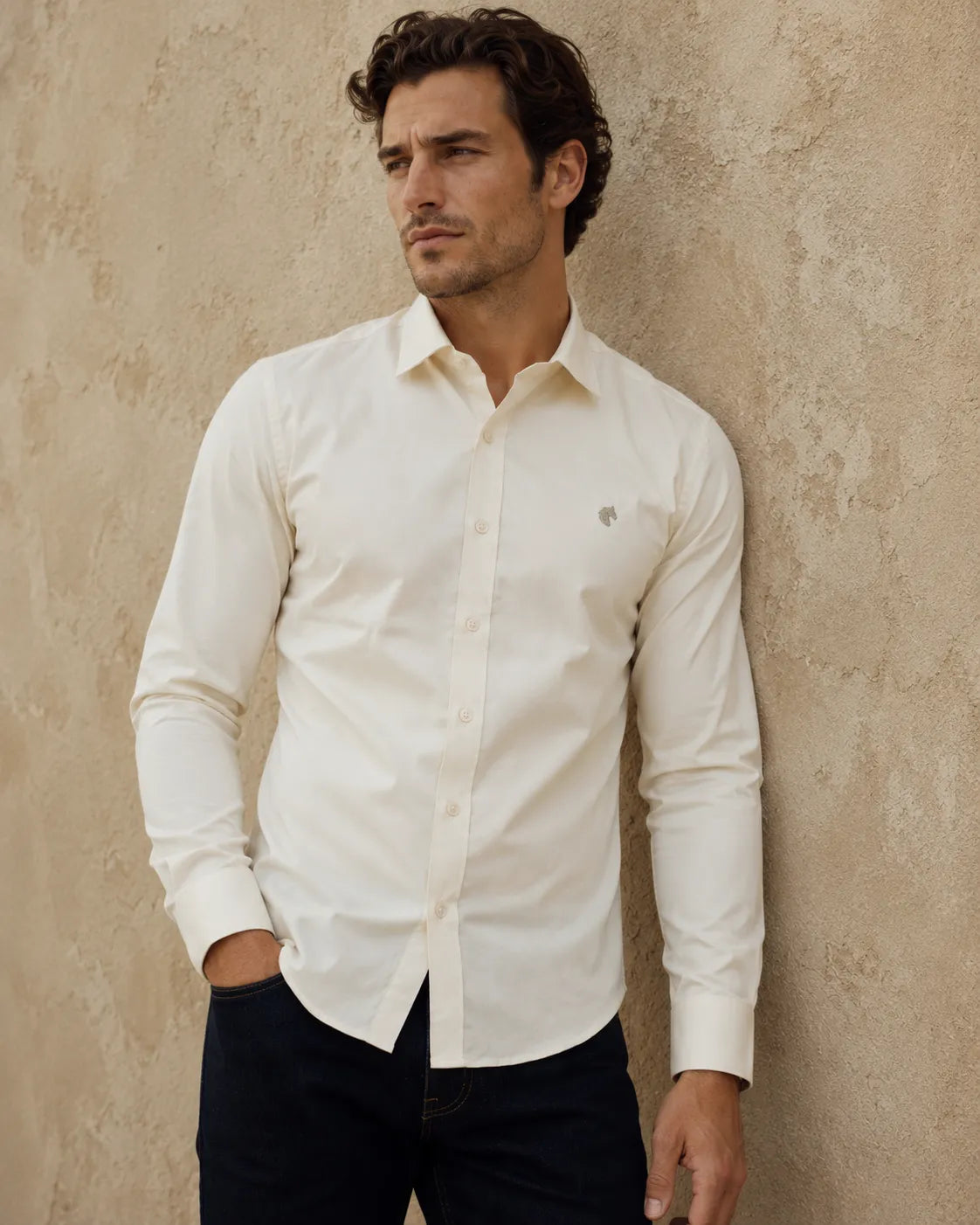 Cream - Solid Slim Fit Oxford Shirt