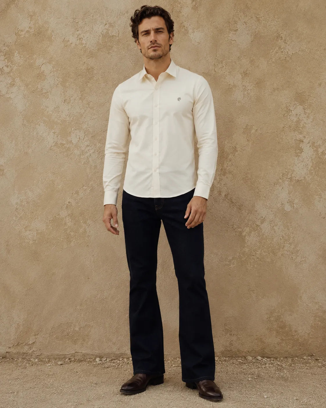Cream - Solid Slim Fit Oxford Shirt