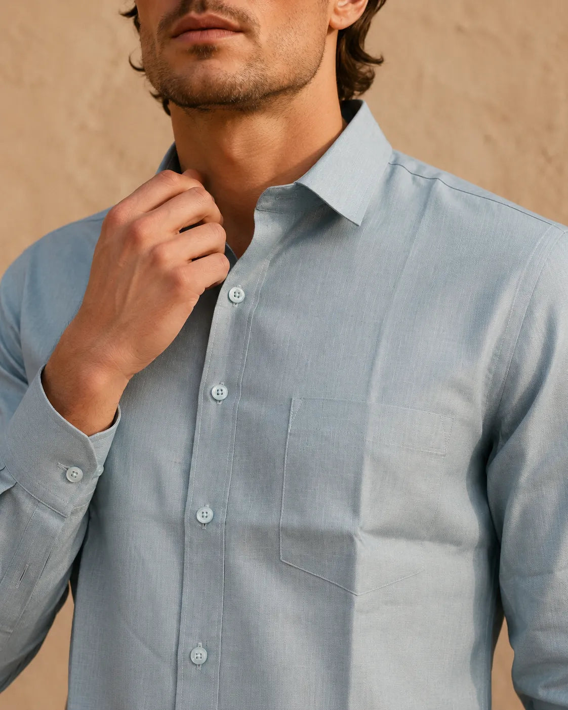 Powder Blue - Men's Linen Solid Slim Fit Shirt
