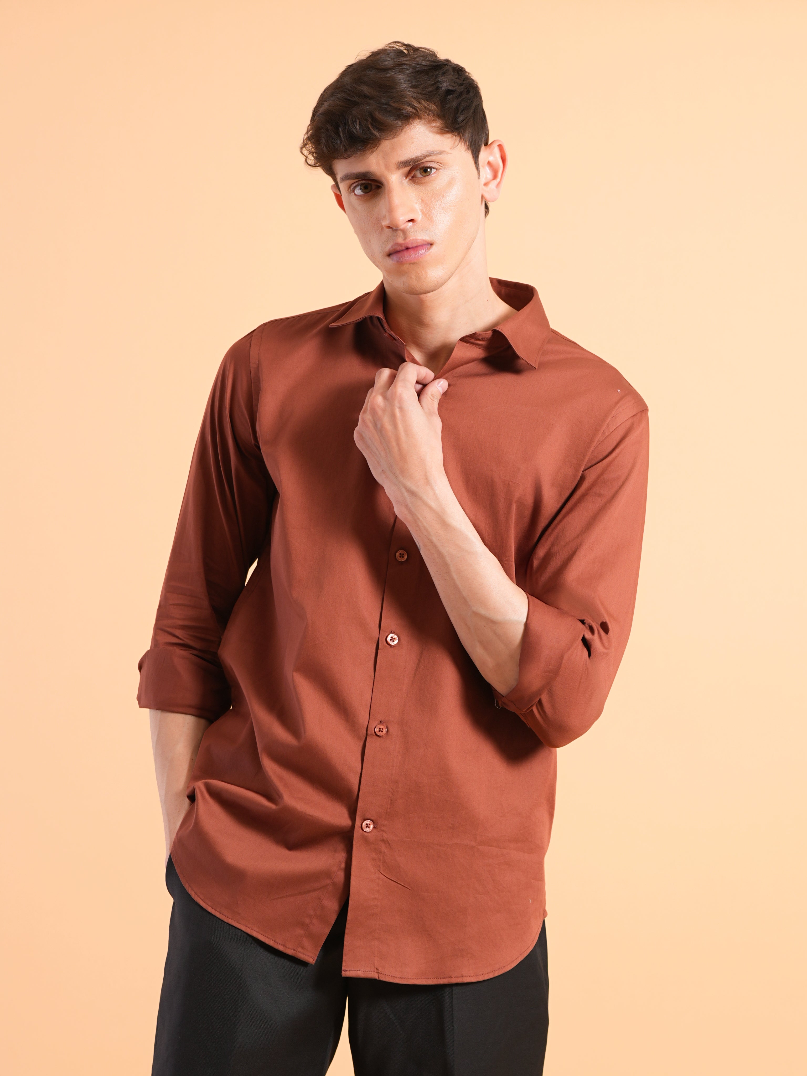 Terra Cotta Satin Slim Fit Shirt
