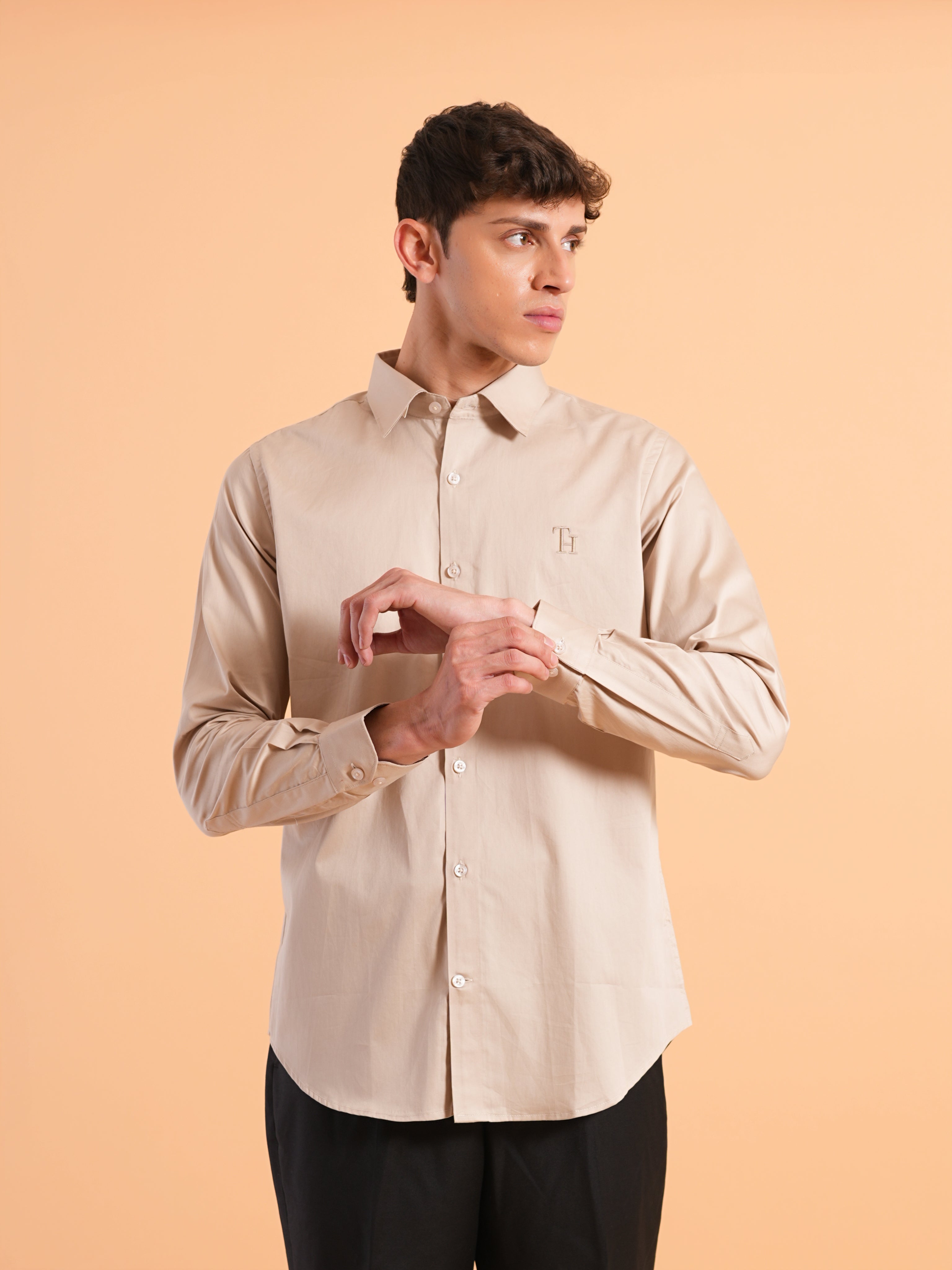 Beige Satin Slim Fit Shirt