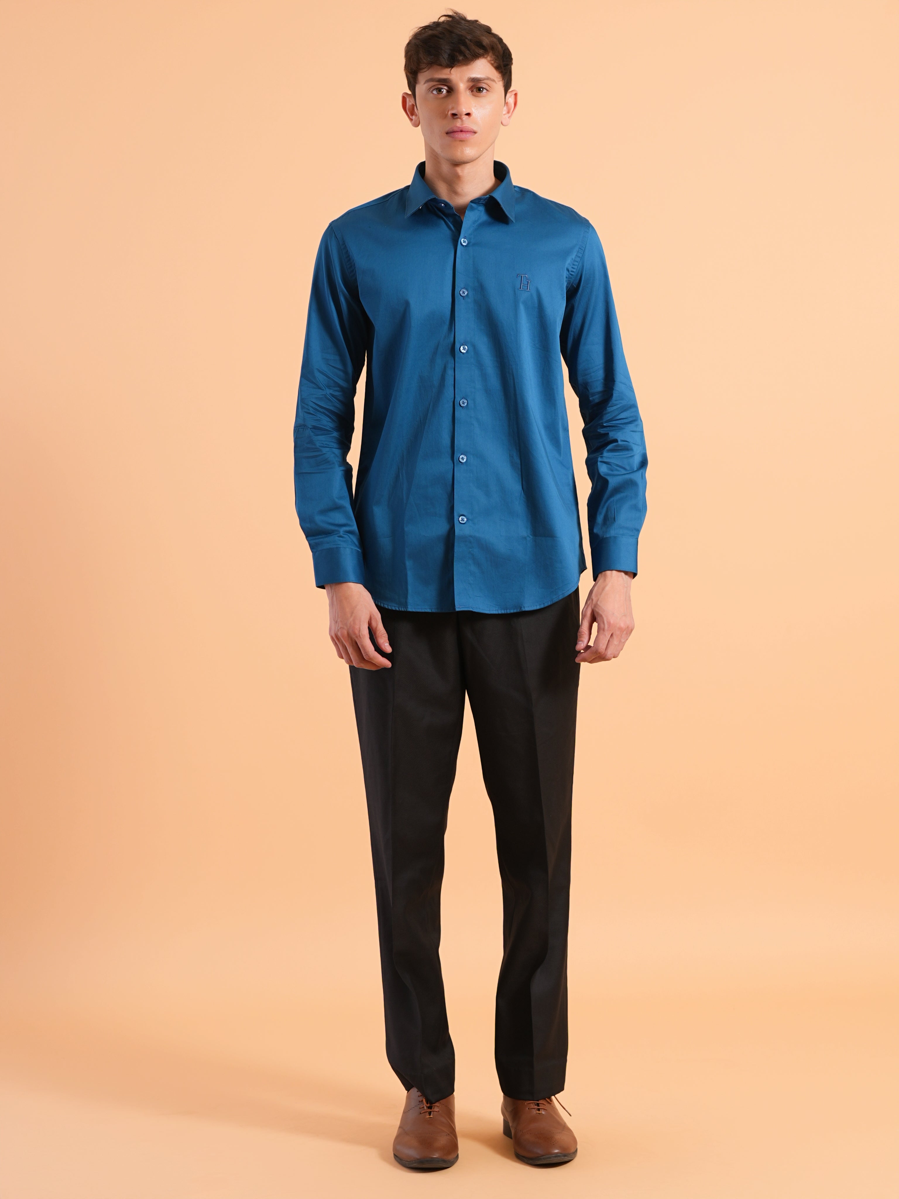 Peacock Blue Satin Slim Fit Shirt