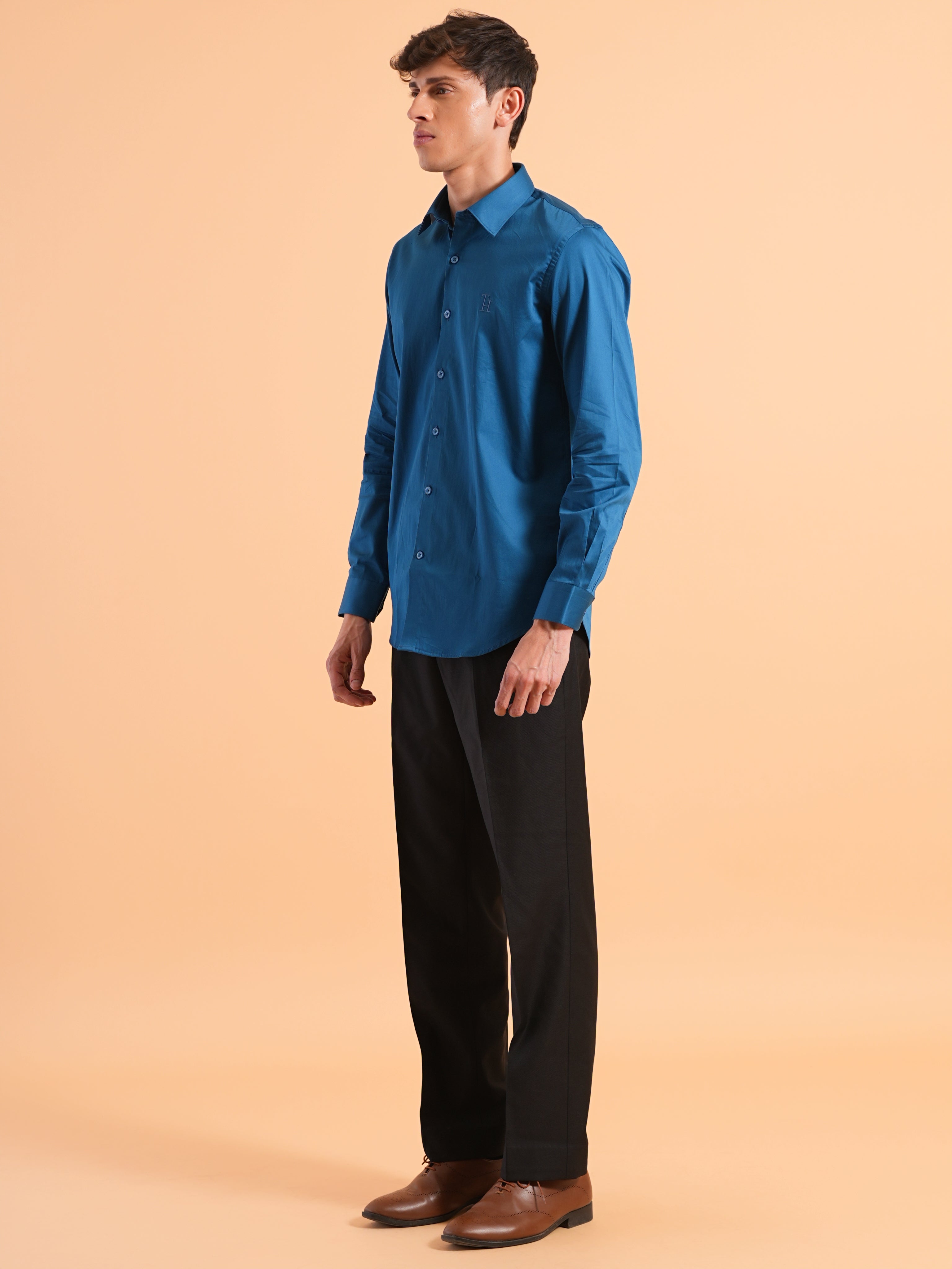 Peacock Blue Satin Slim Fit Shirt