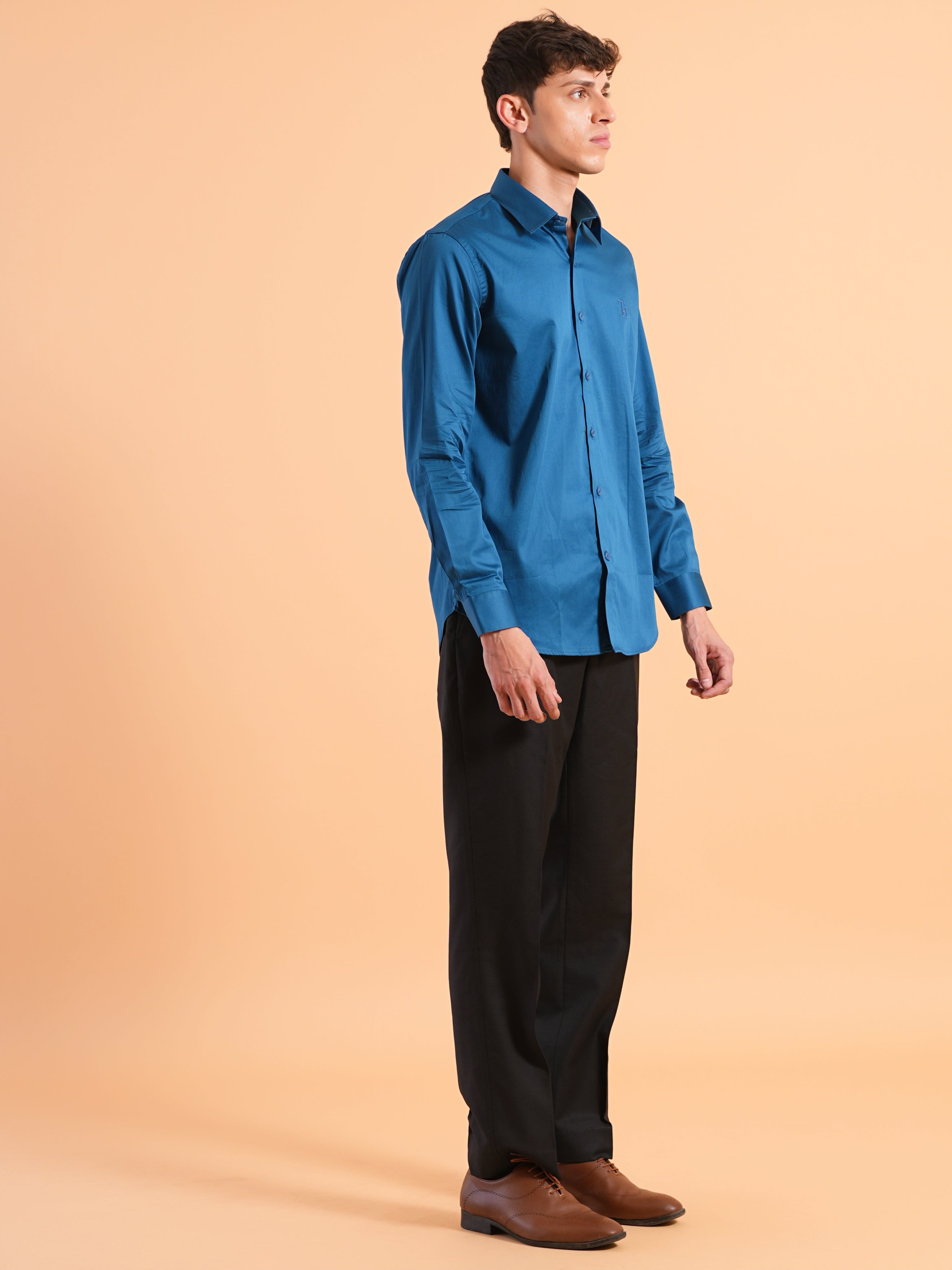 Peacock Blue Satin Slim Fit Shirt