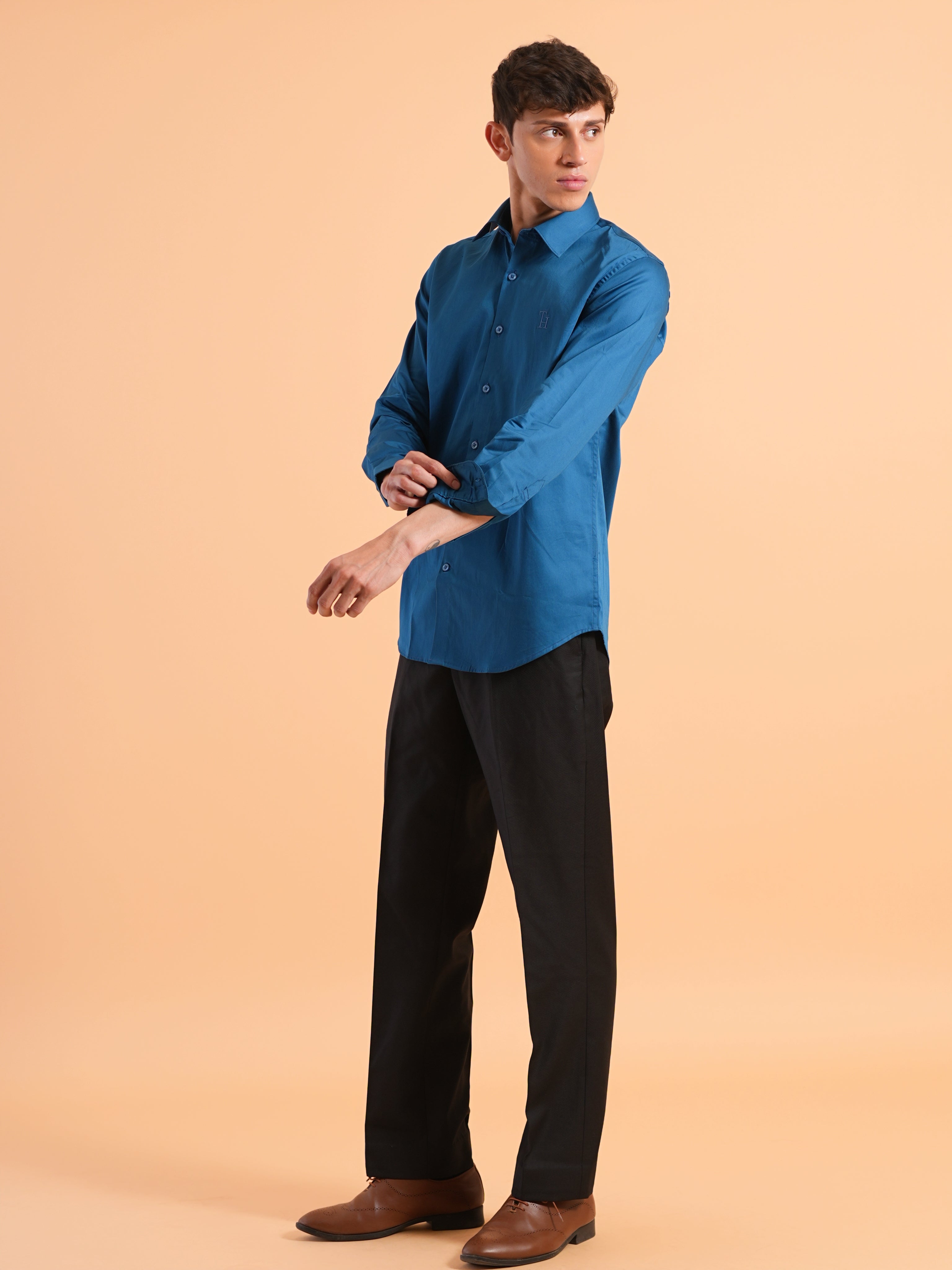 Peacock Blue Satin Slim Fit Shirt