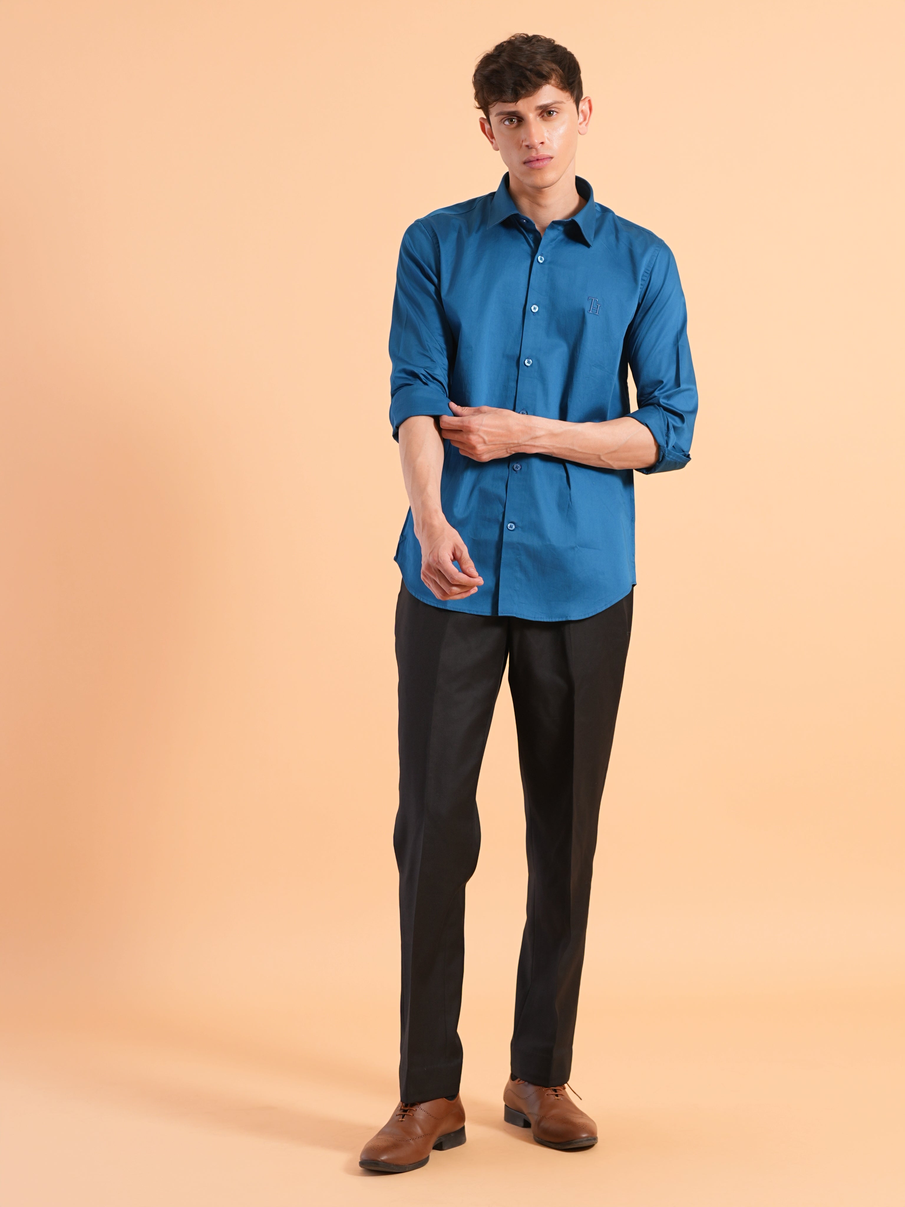 Peacock Blue Satin Slim Fit Shirt