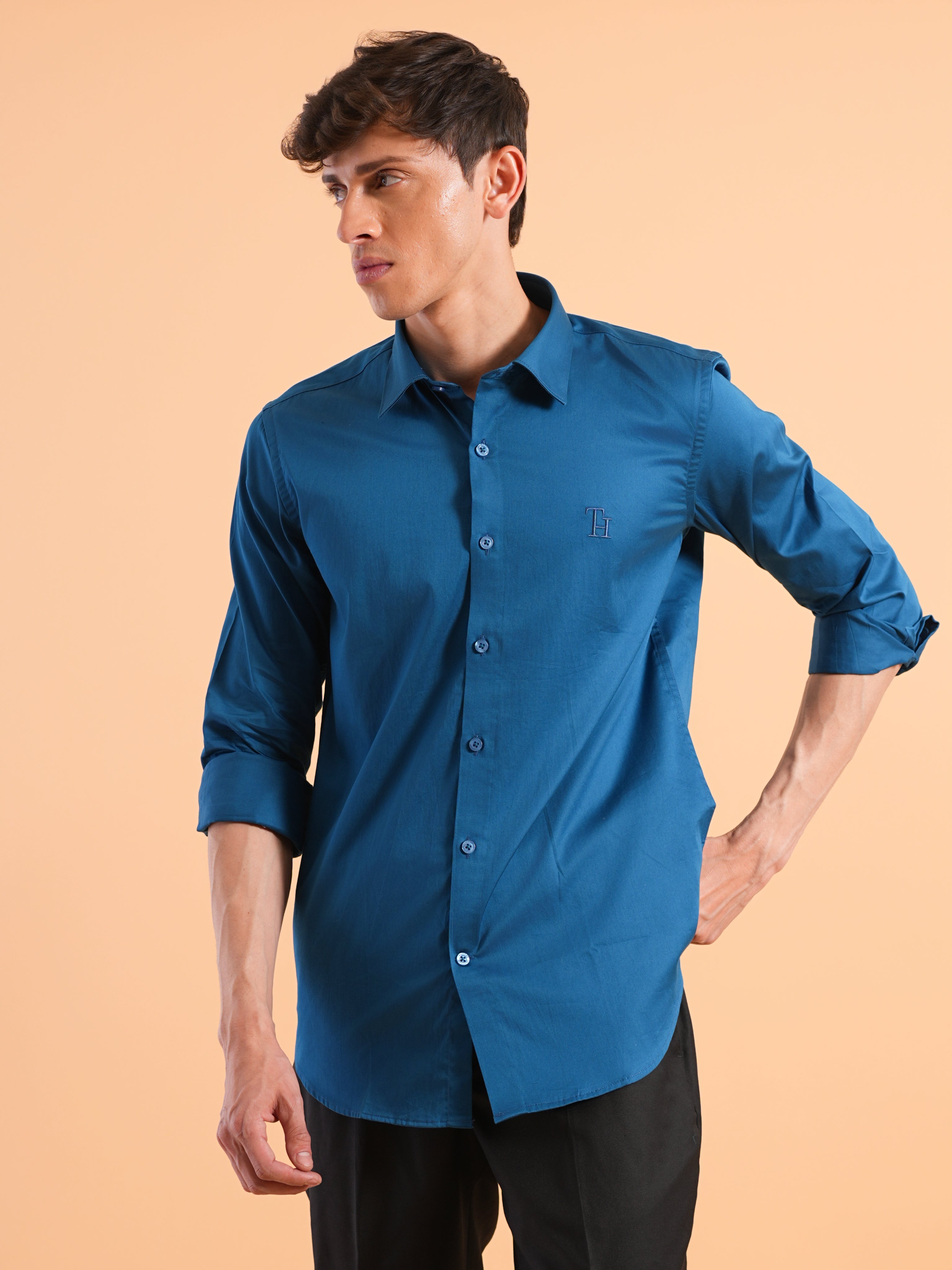 Peacock Blue Satin Slim Fit Shirt