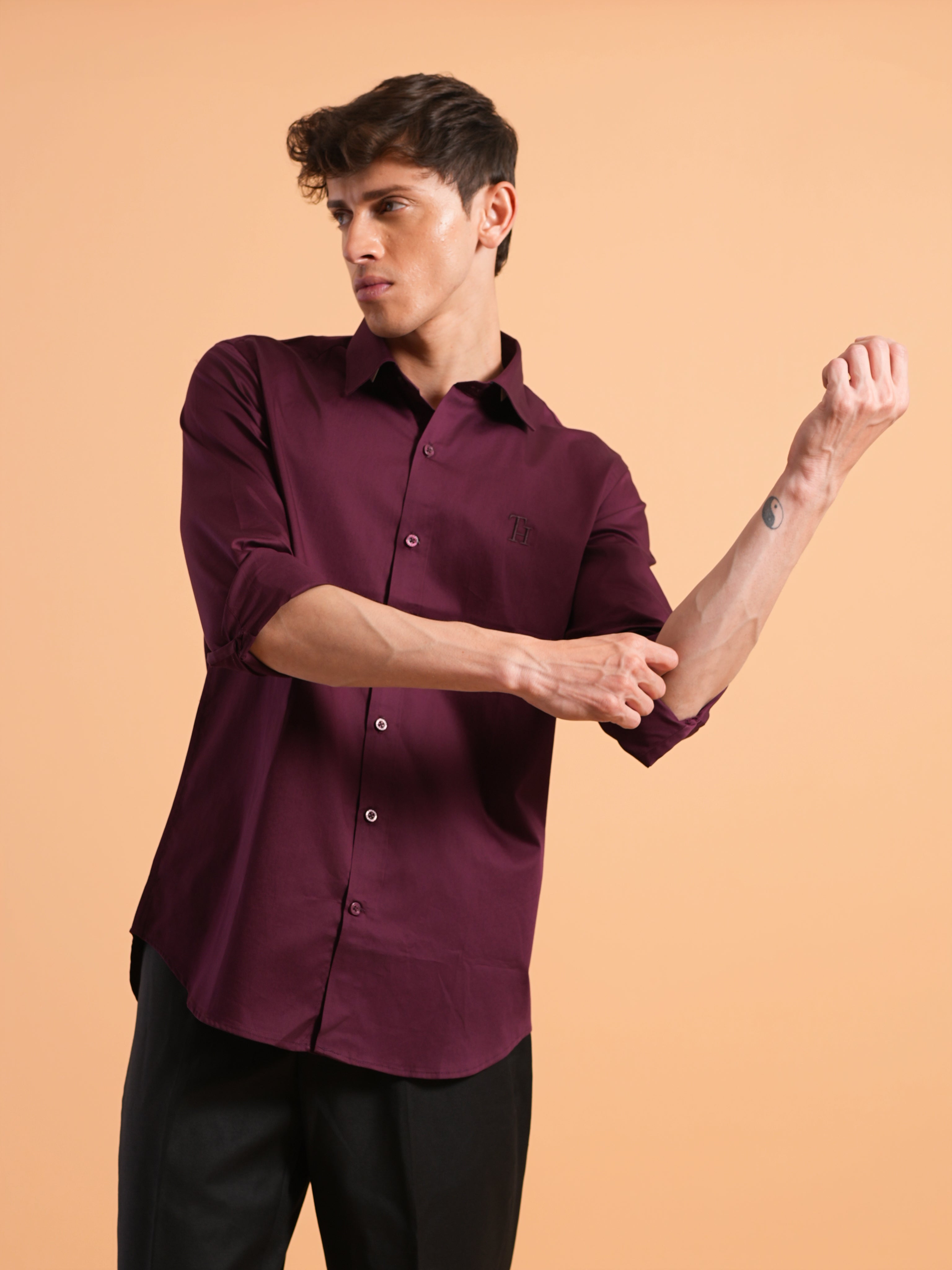 Deep Wine Satin Slim Fit Shirt