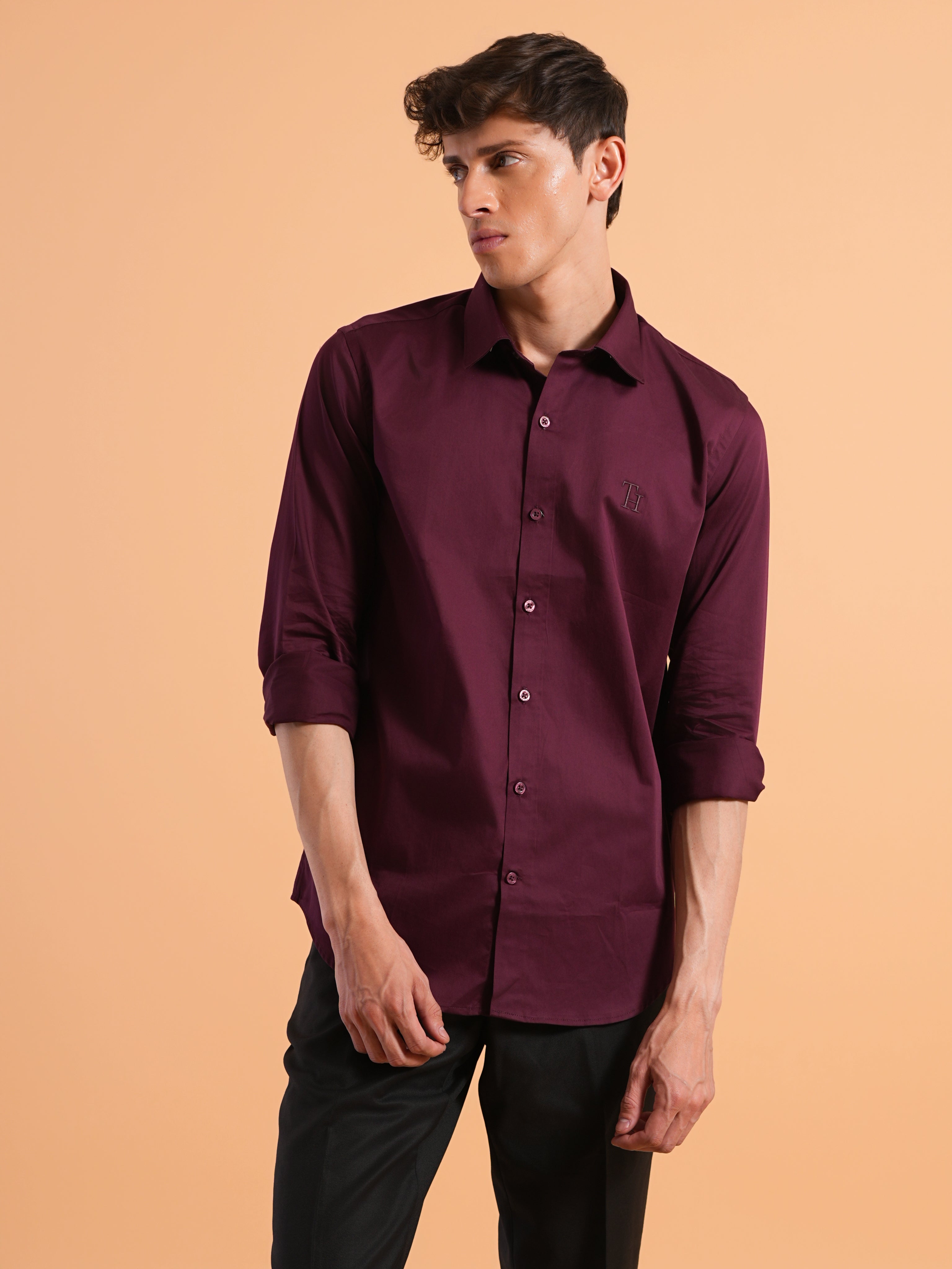 Deep Wine Satin Slim Fit Shirt