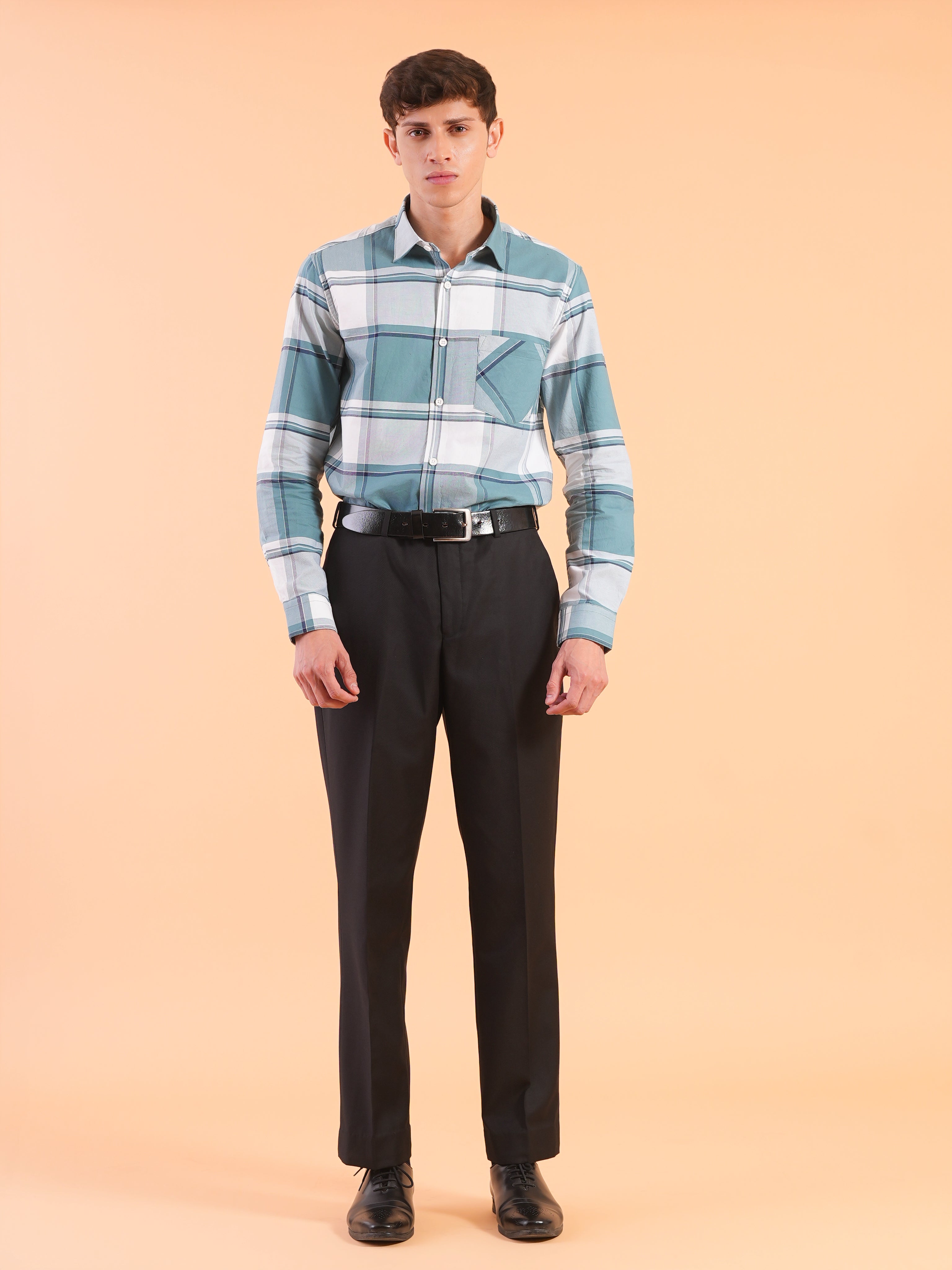 Teal Cyan Check Regular Fit Shirt