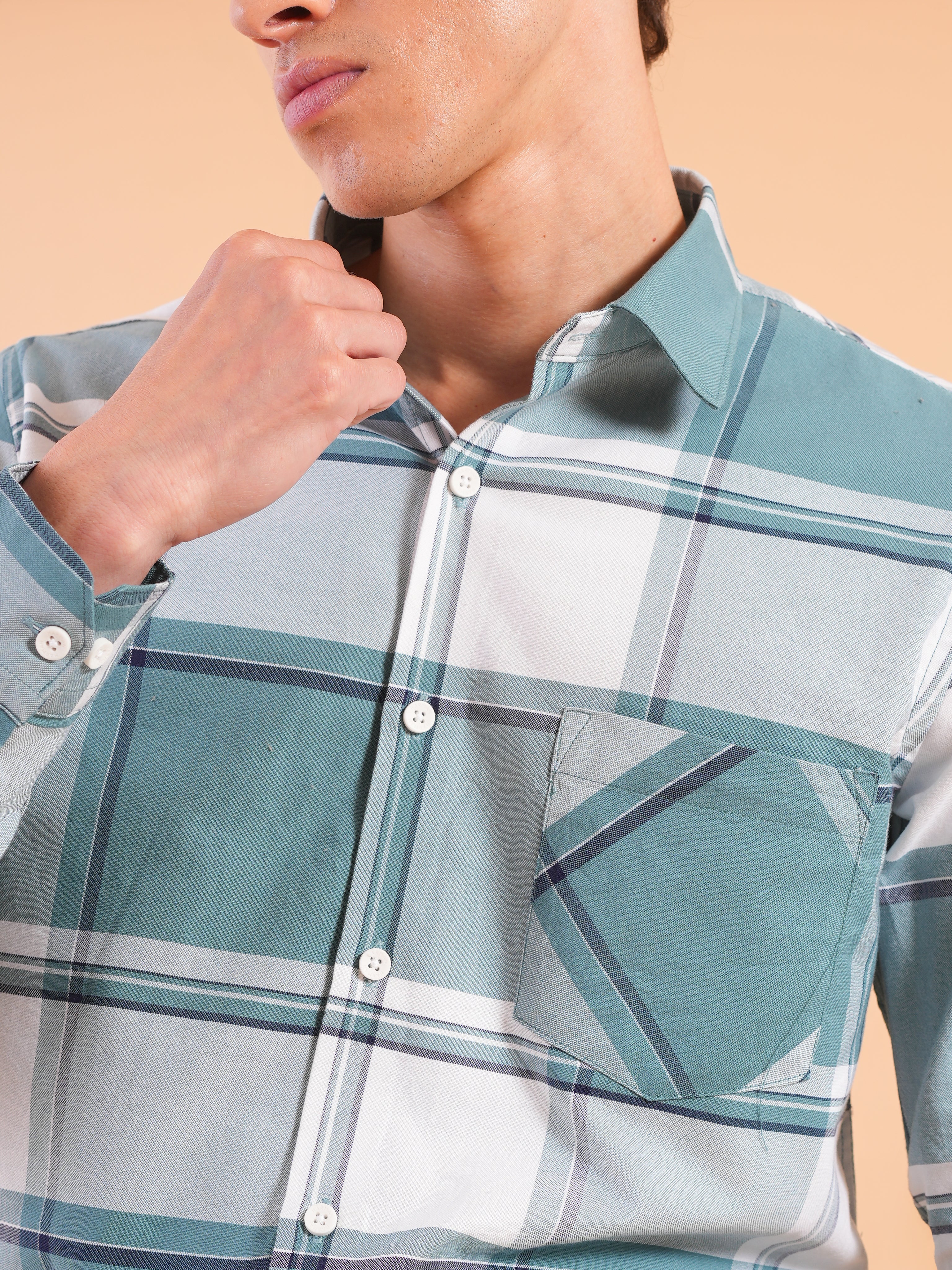 Teal Cyan Check Regular Fit Shirt