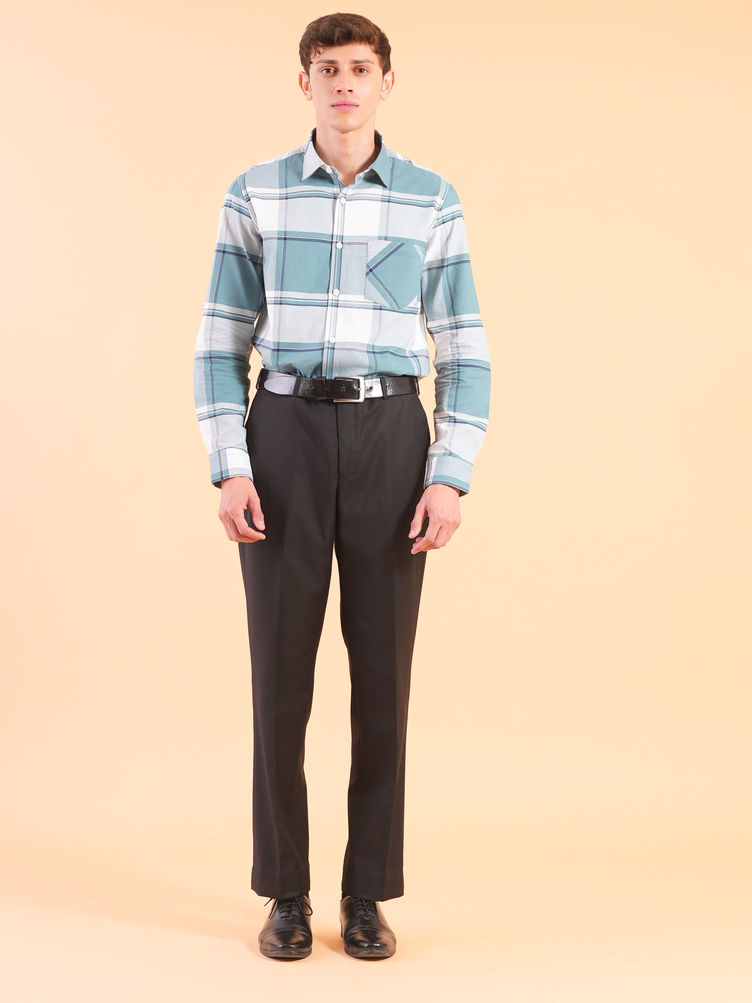 Teal Cyan Check Regular Fit Shirt
