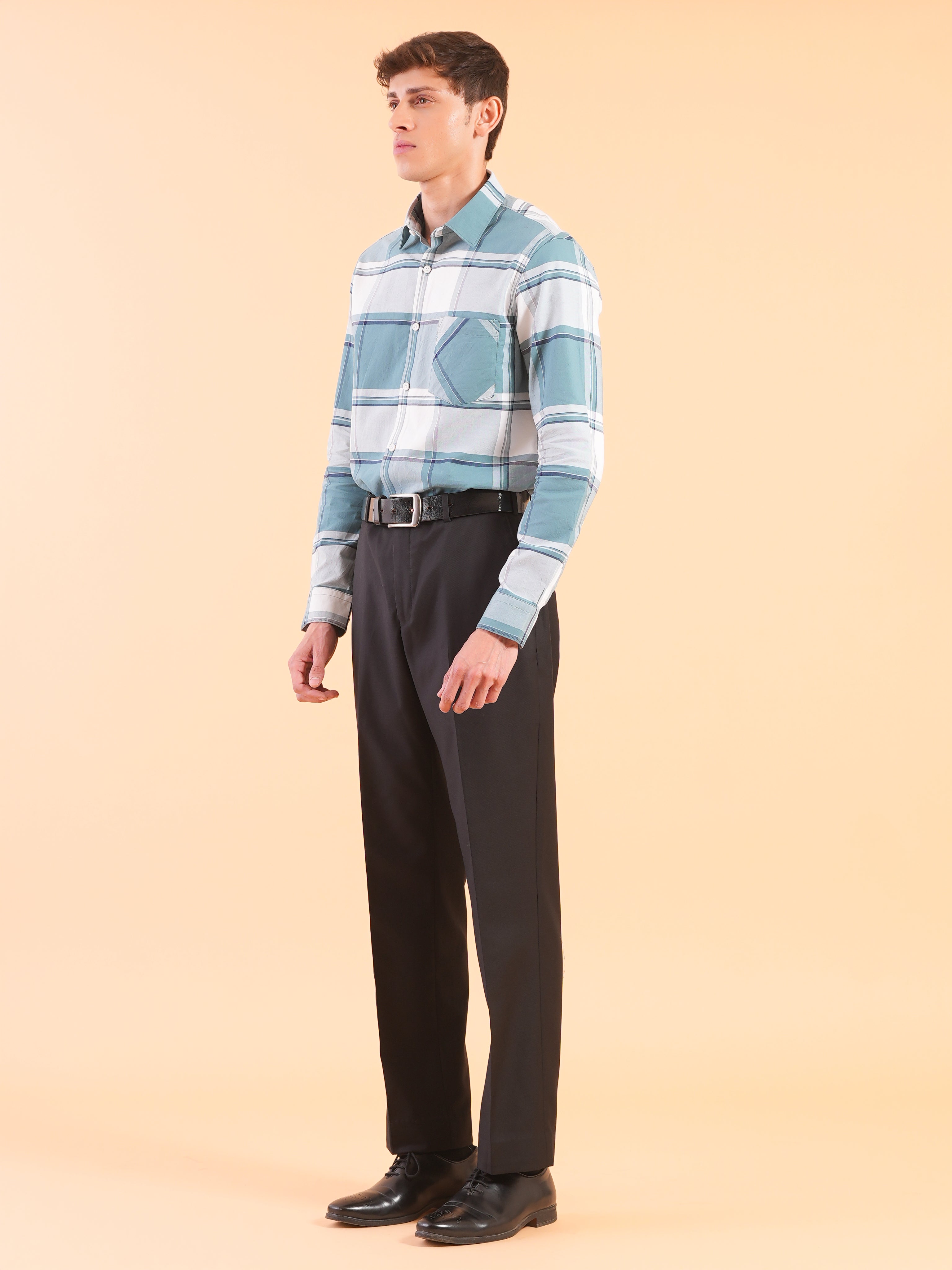 Teal Cyan Check Regular Fit Shirt