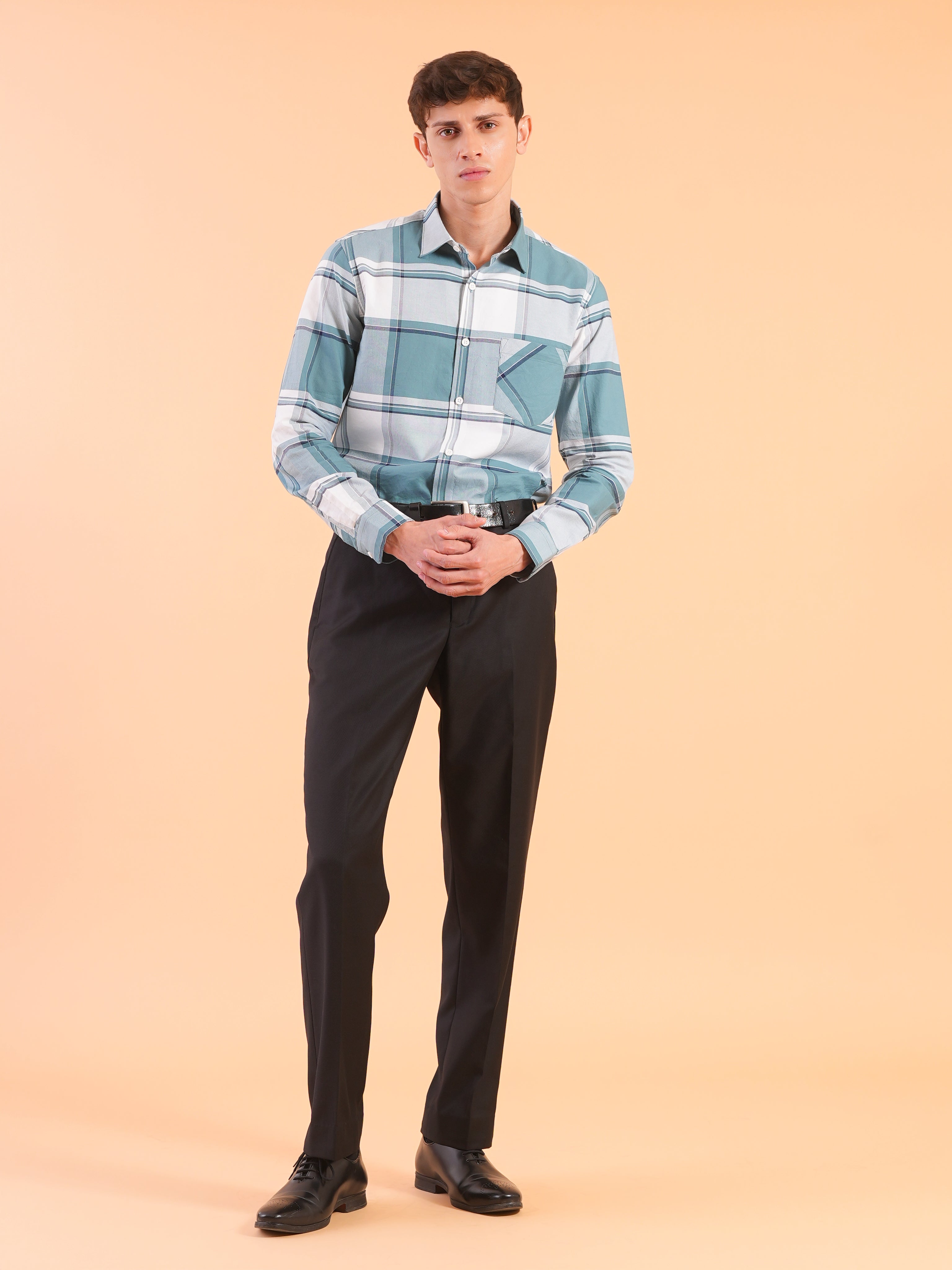 Teal Cyan Check Regular Fit Shirt
