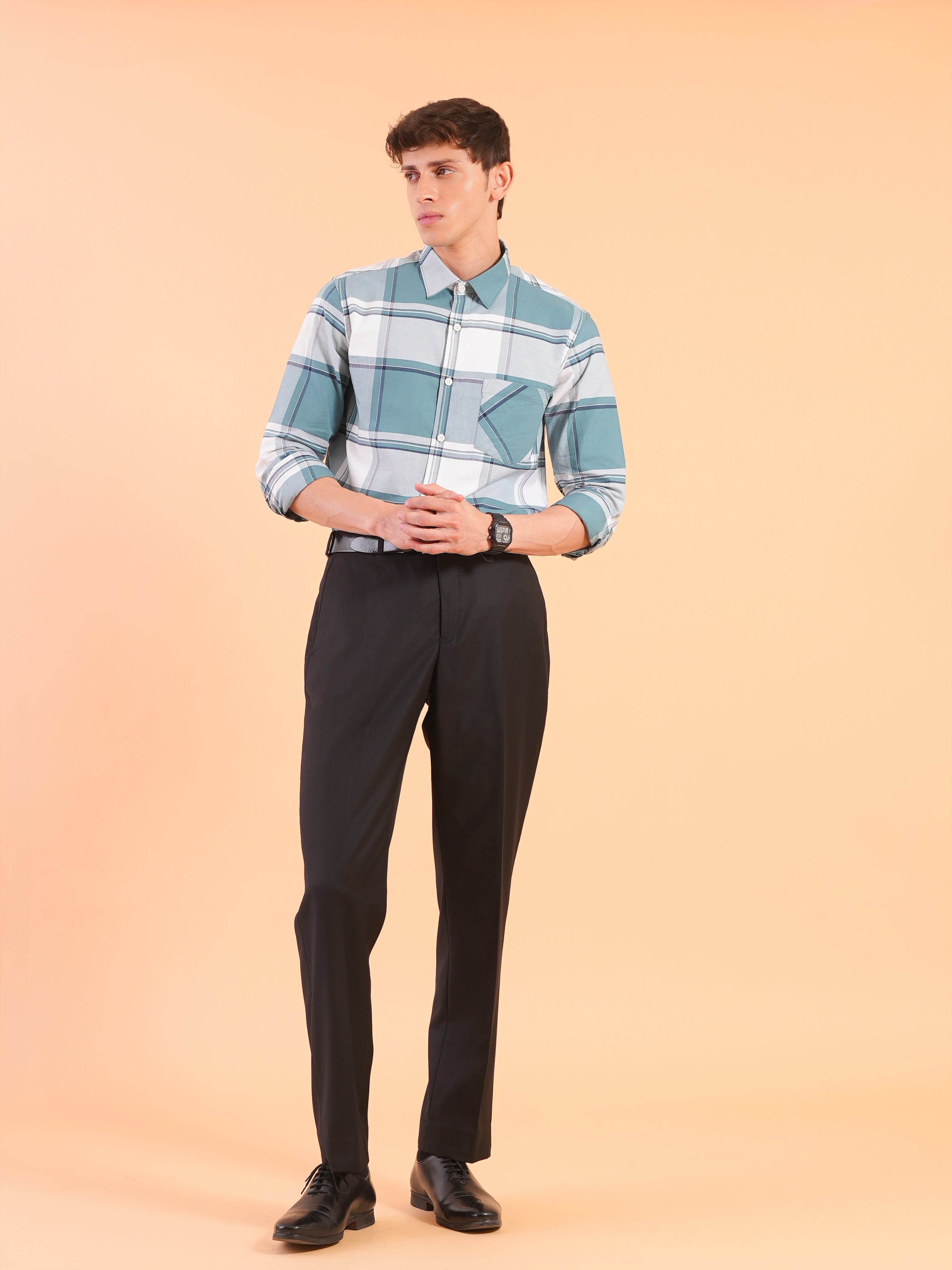 Teal Cyan Check Regular Fit Shirt