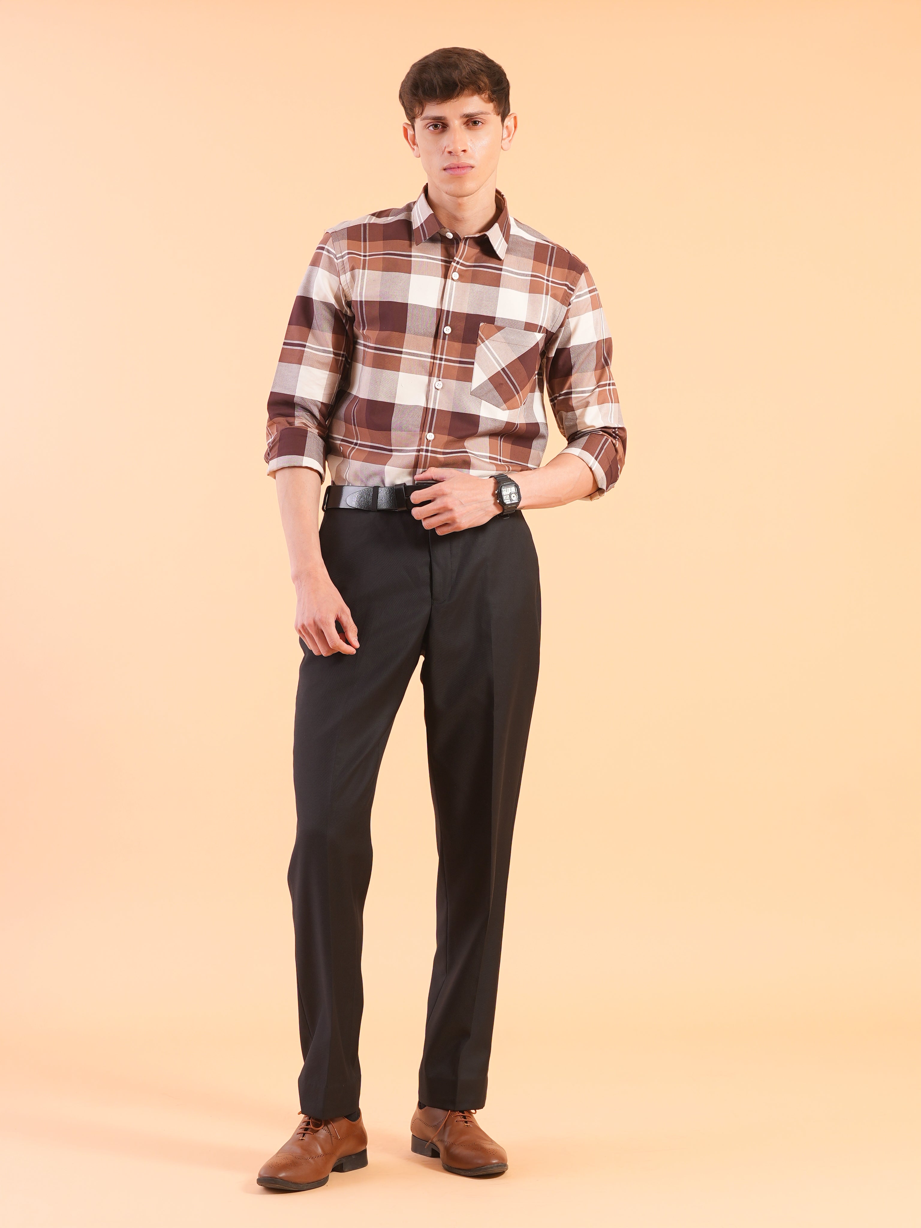 Brown Check Regular Fit Shirt