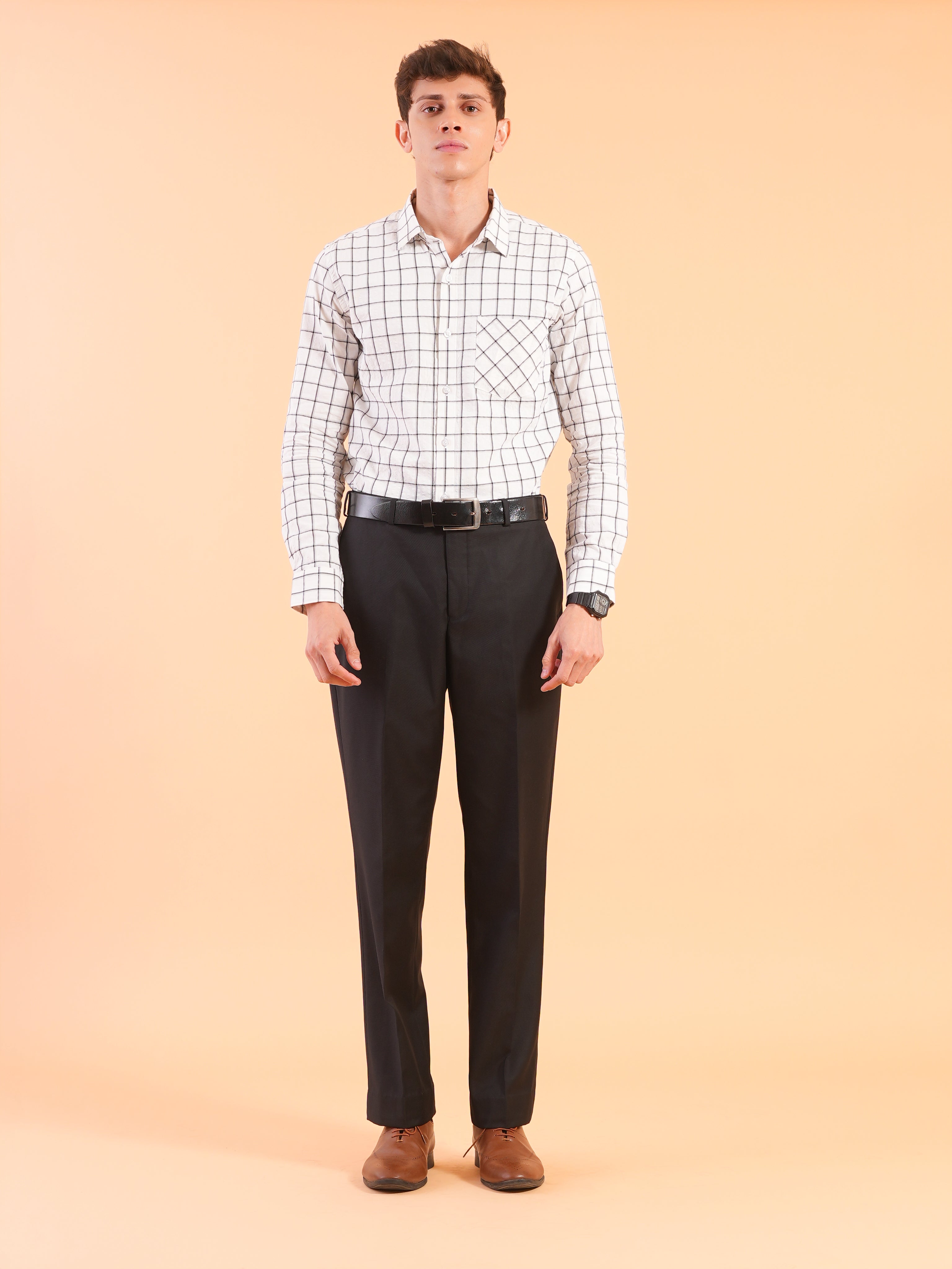White Checks Stripe Slim Fit Shirt