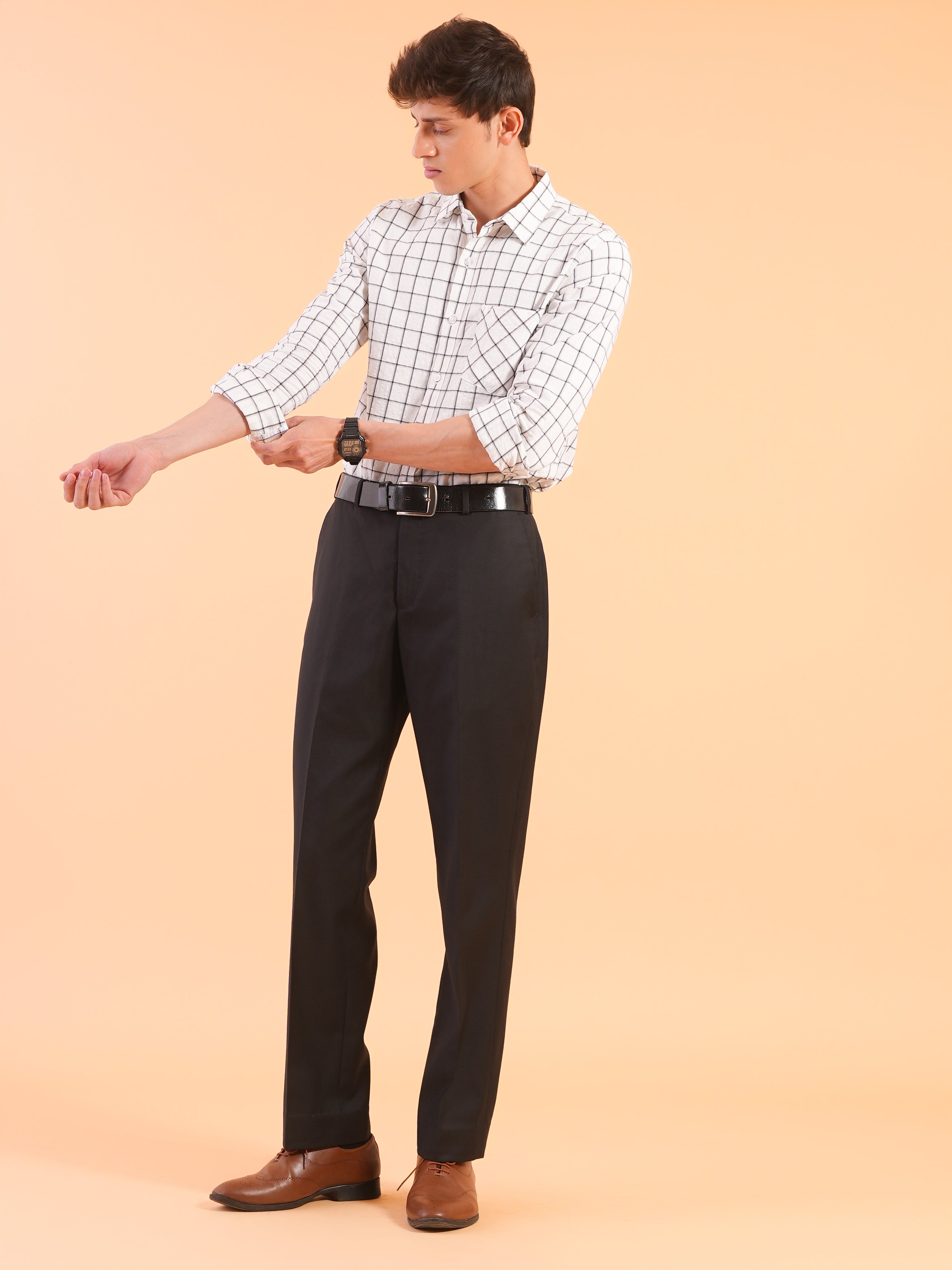 White Checks Stripe Slim Fit Shirt