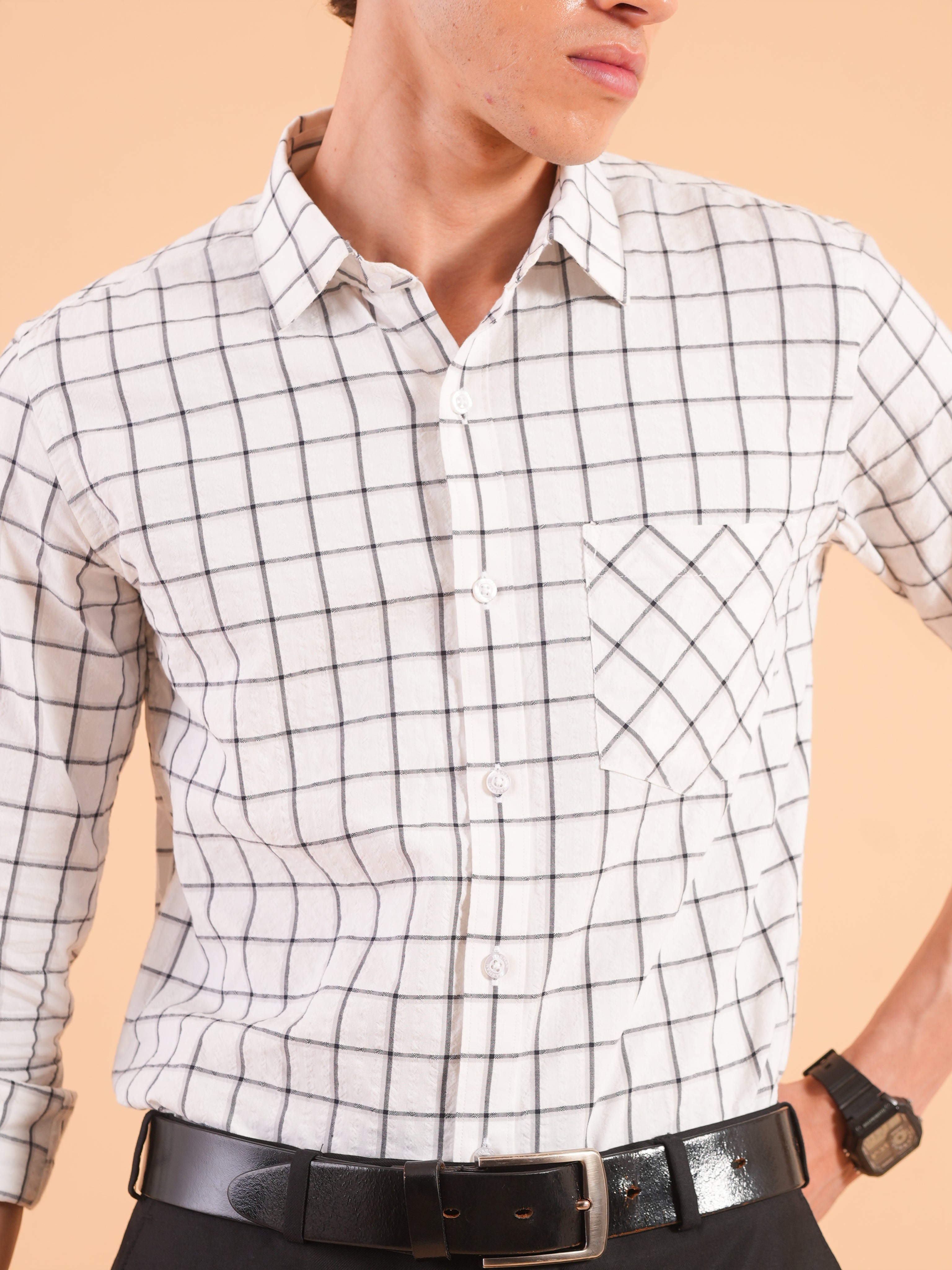 White Checks Stripe Slim Fit Shirt
