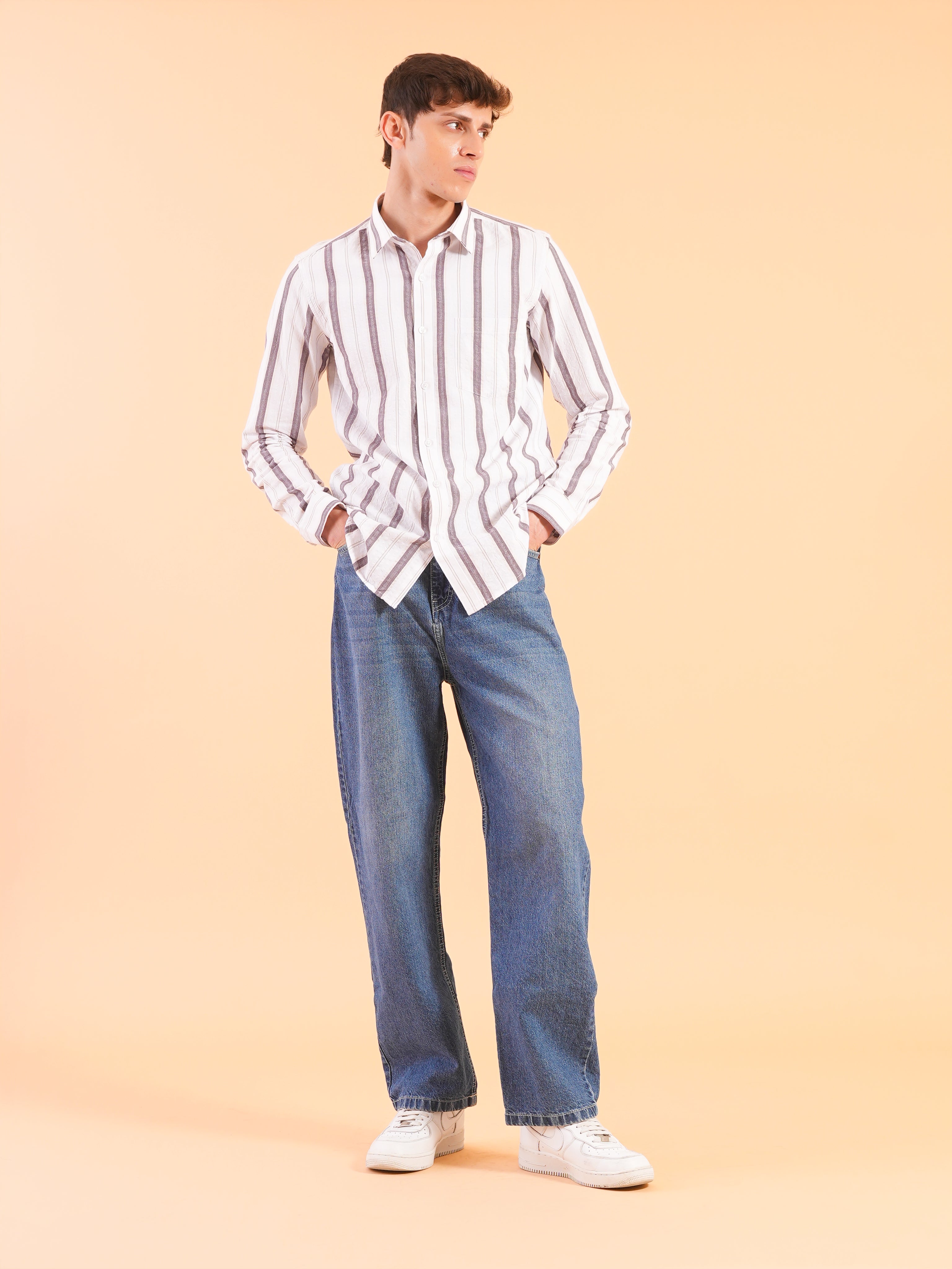 White Burgundy Stripe Slim Fit Shirt