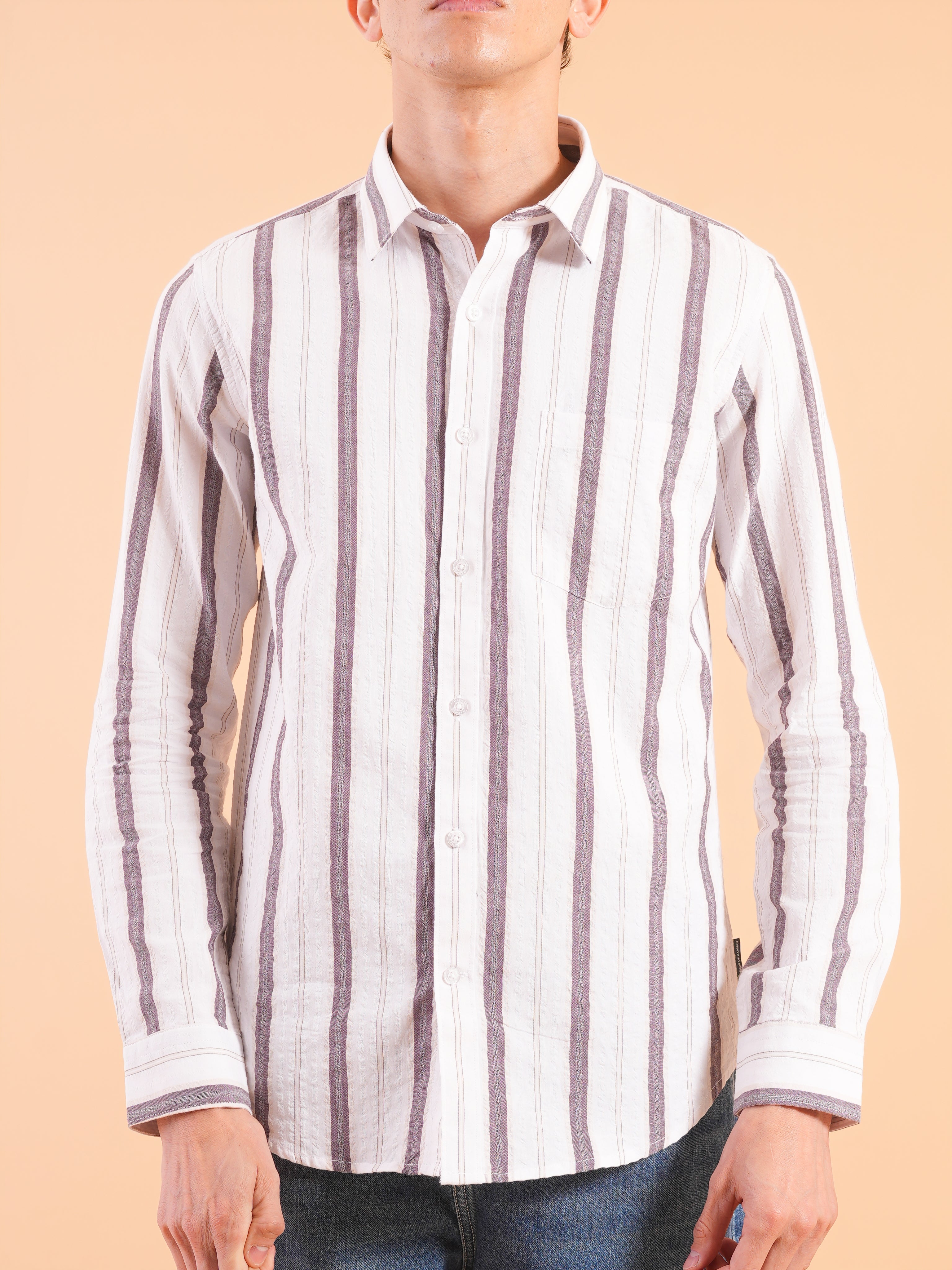 White Burgundy Stripe Slim Fit Shirt