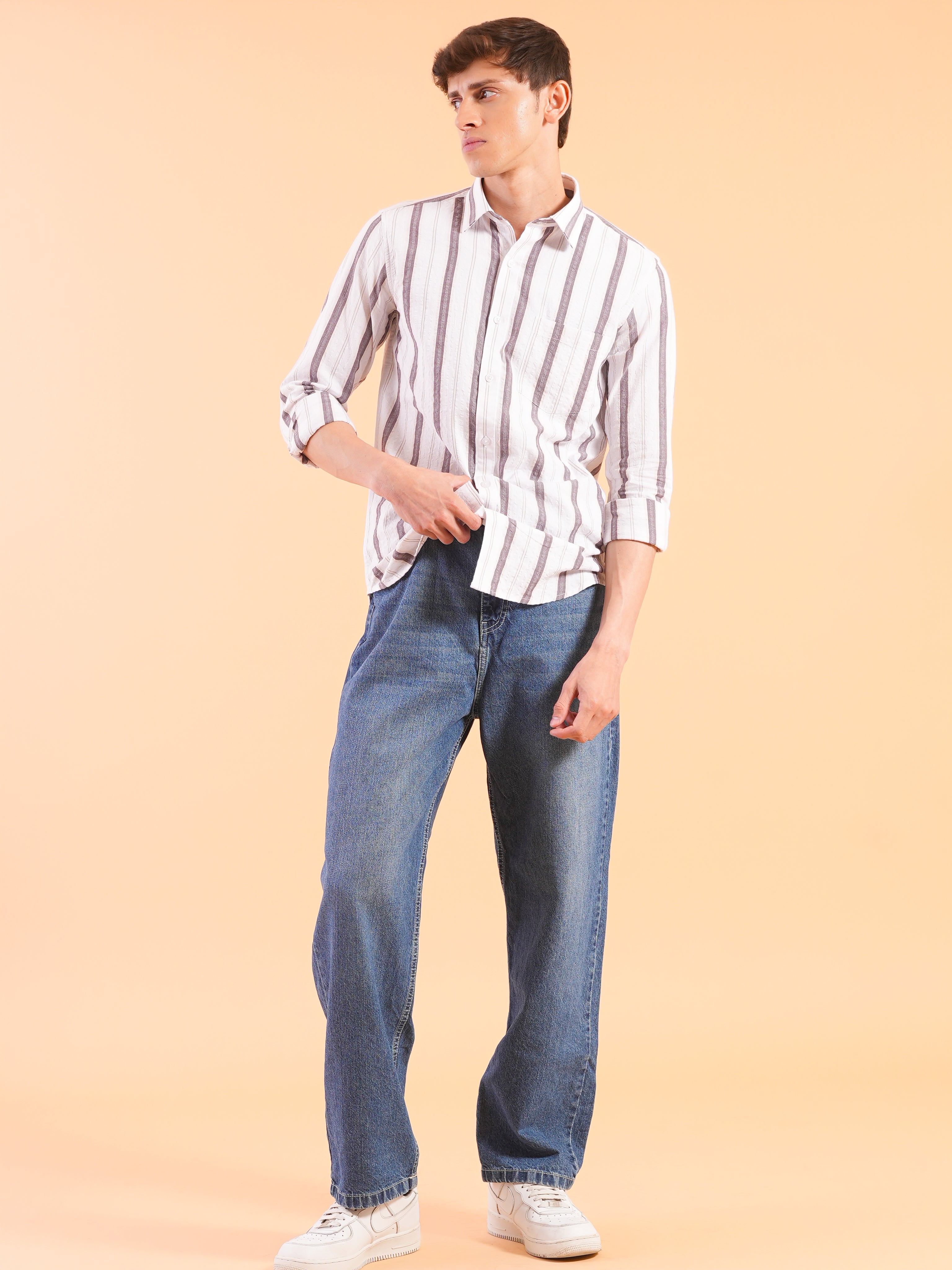 White Burgundy Stripe Slim Fit Shirt
