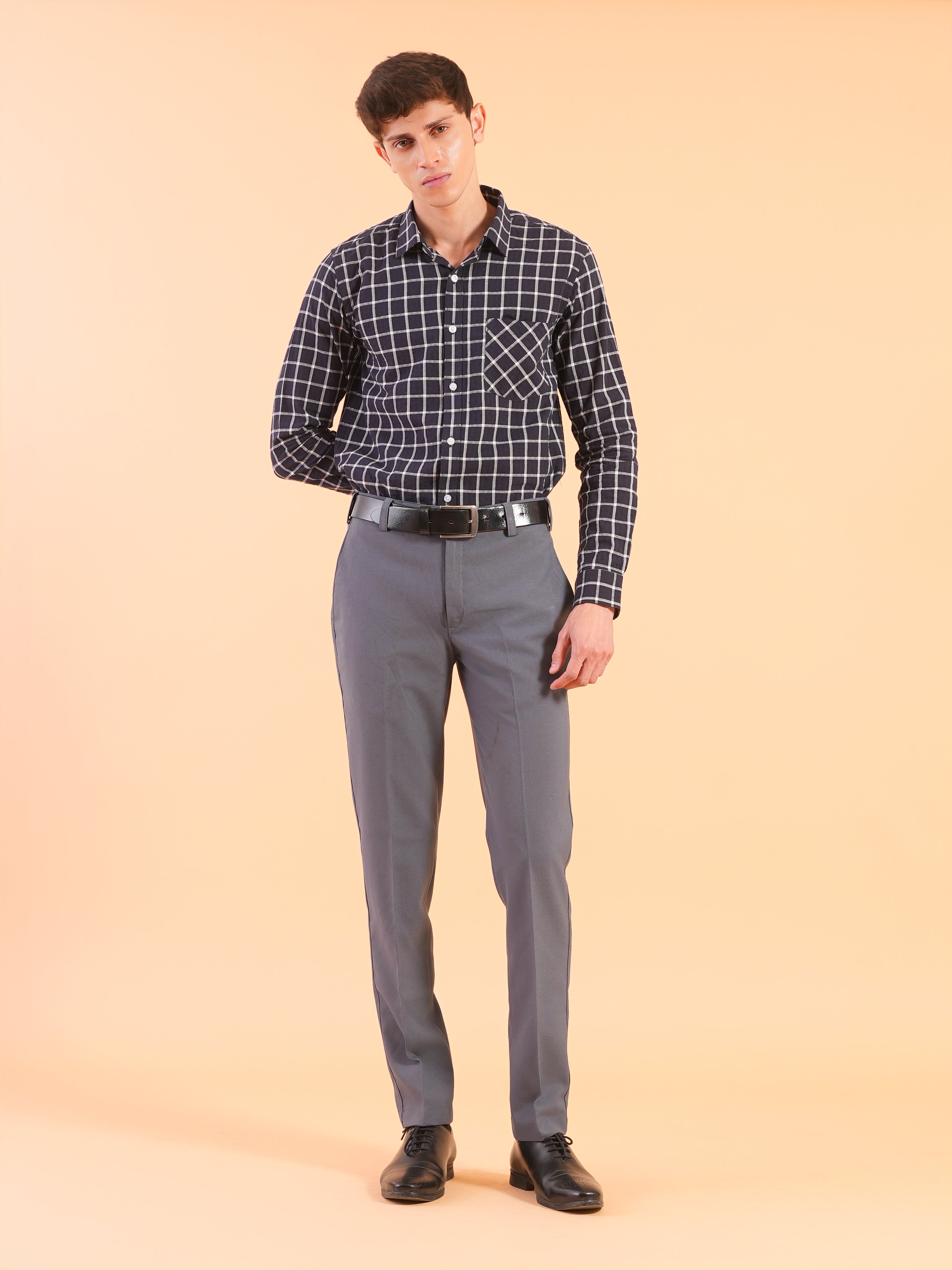 Navy Checks Stripe Slim Fit Shirt