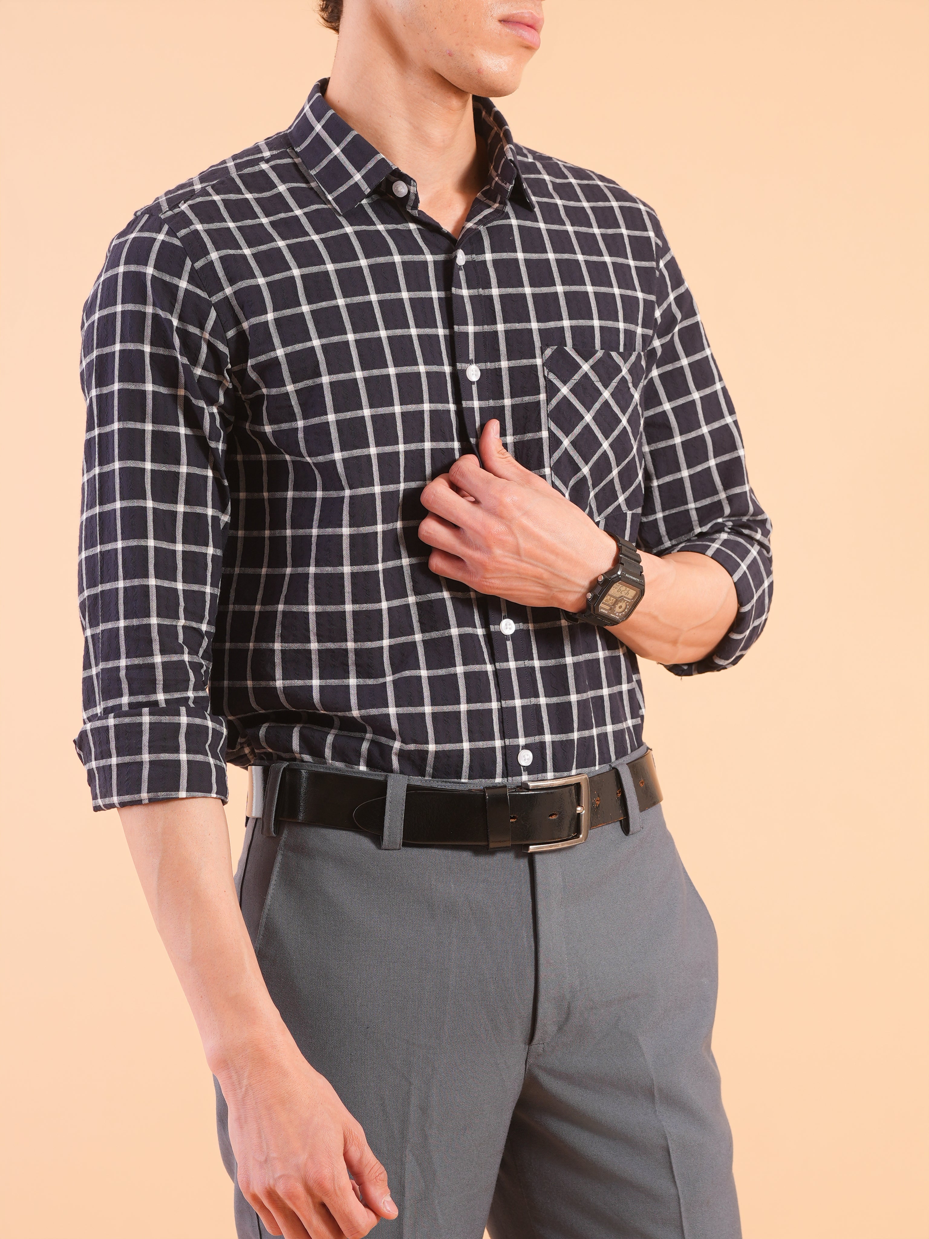 Navy Checks Stripe Slim Fit Shirt