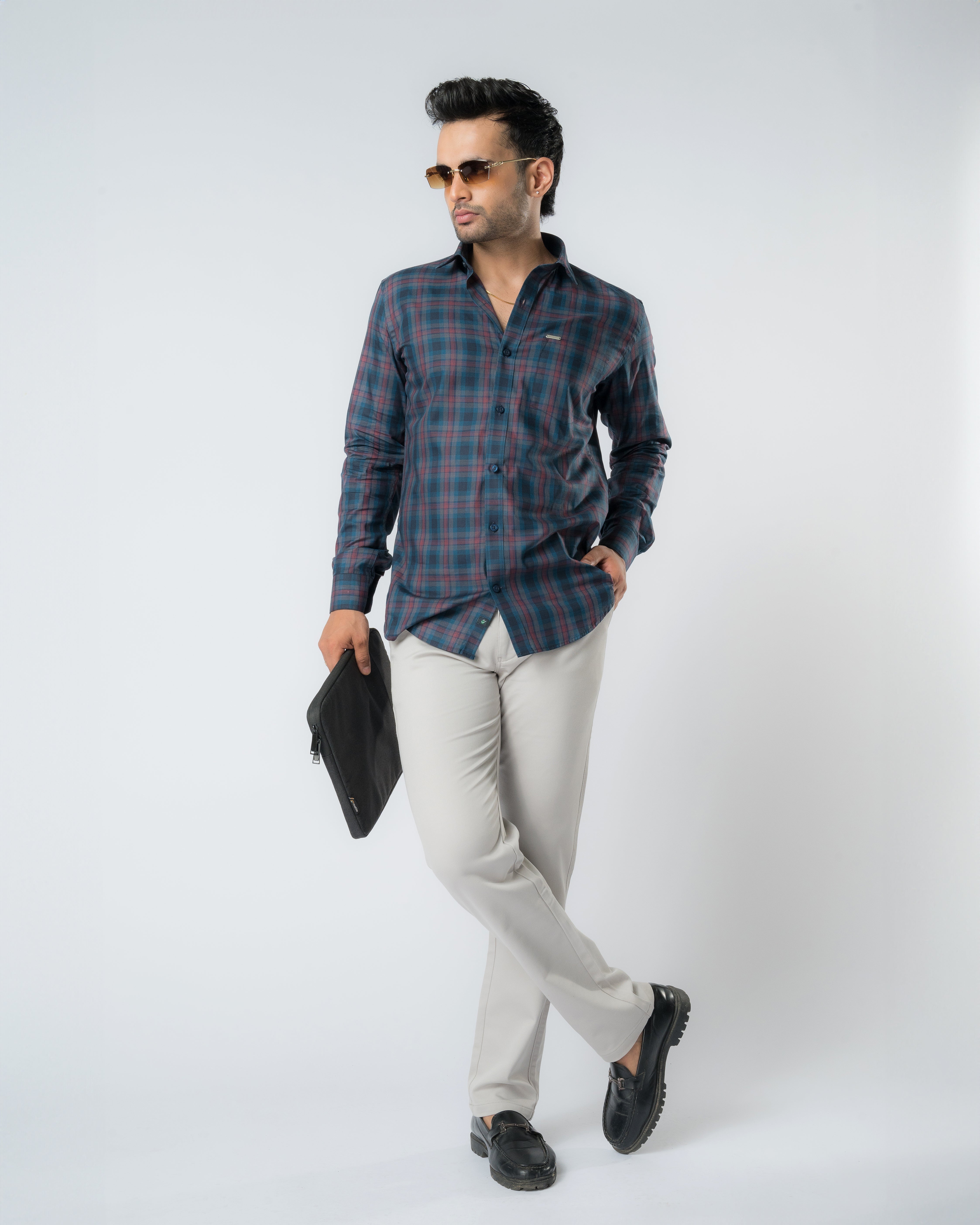 Ruby Navy Tartan  Checks Slim Fit Shirt