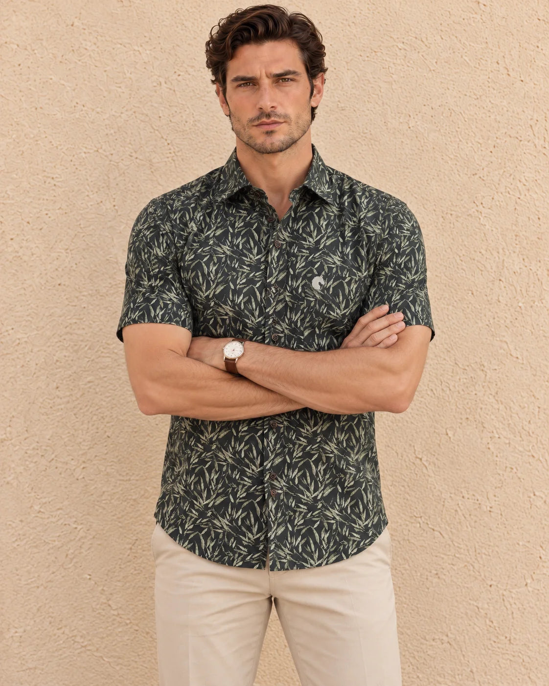 DARK GREEN-MEN'S OXFORD ALL OVER PRINTED SHIRT