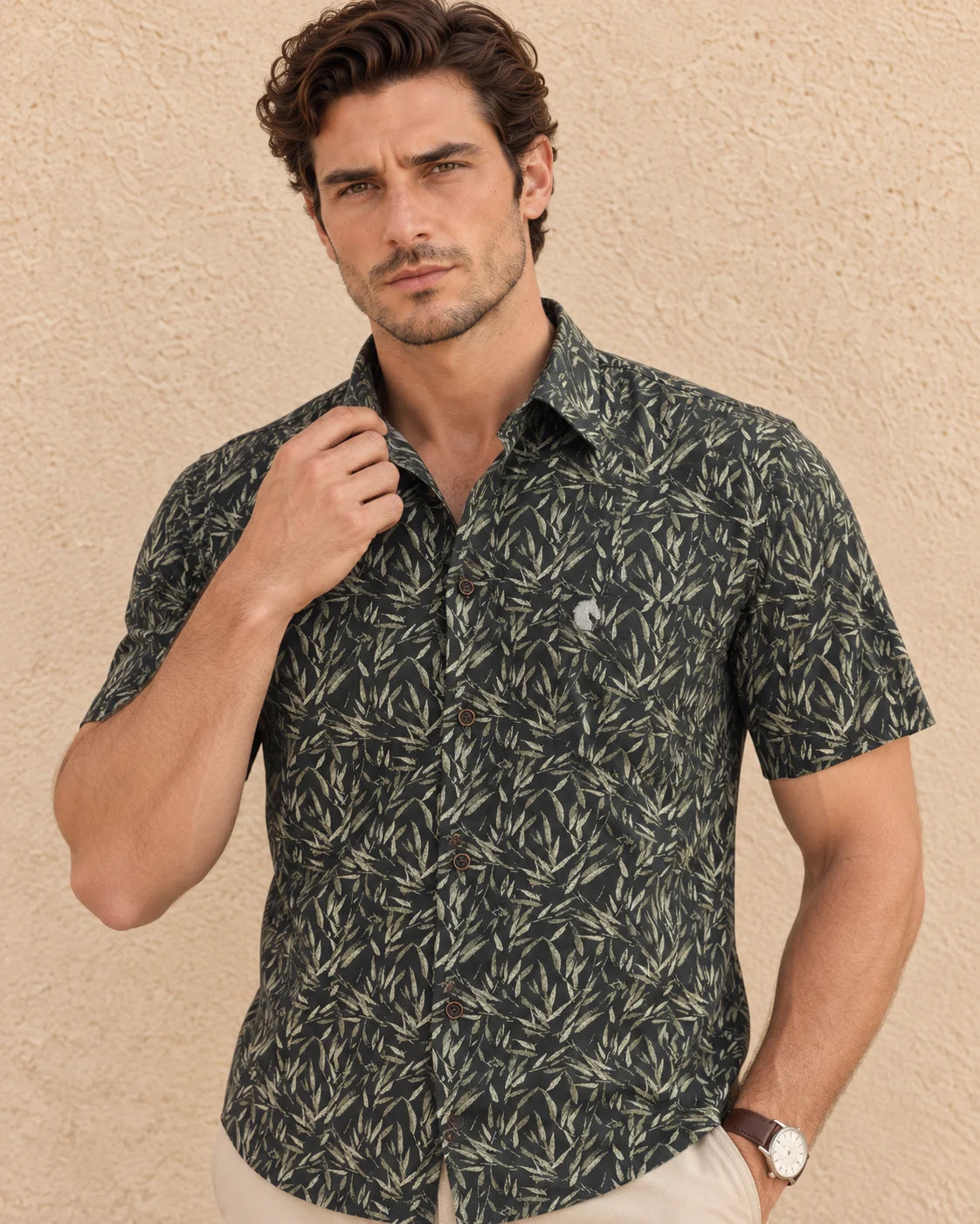 DARK GREEN-MEN'S OXFORD ALL OVER PRINTED SHIRT