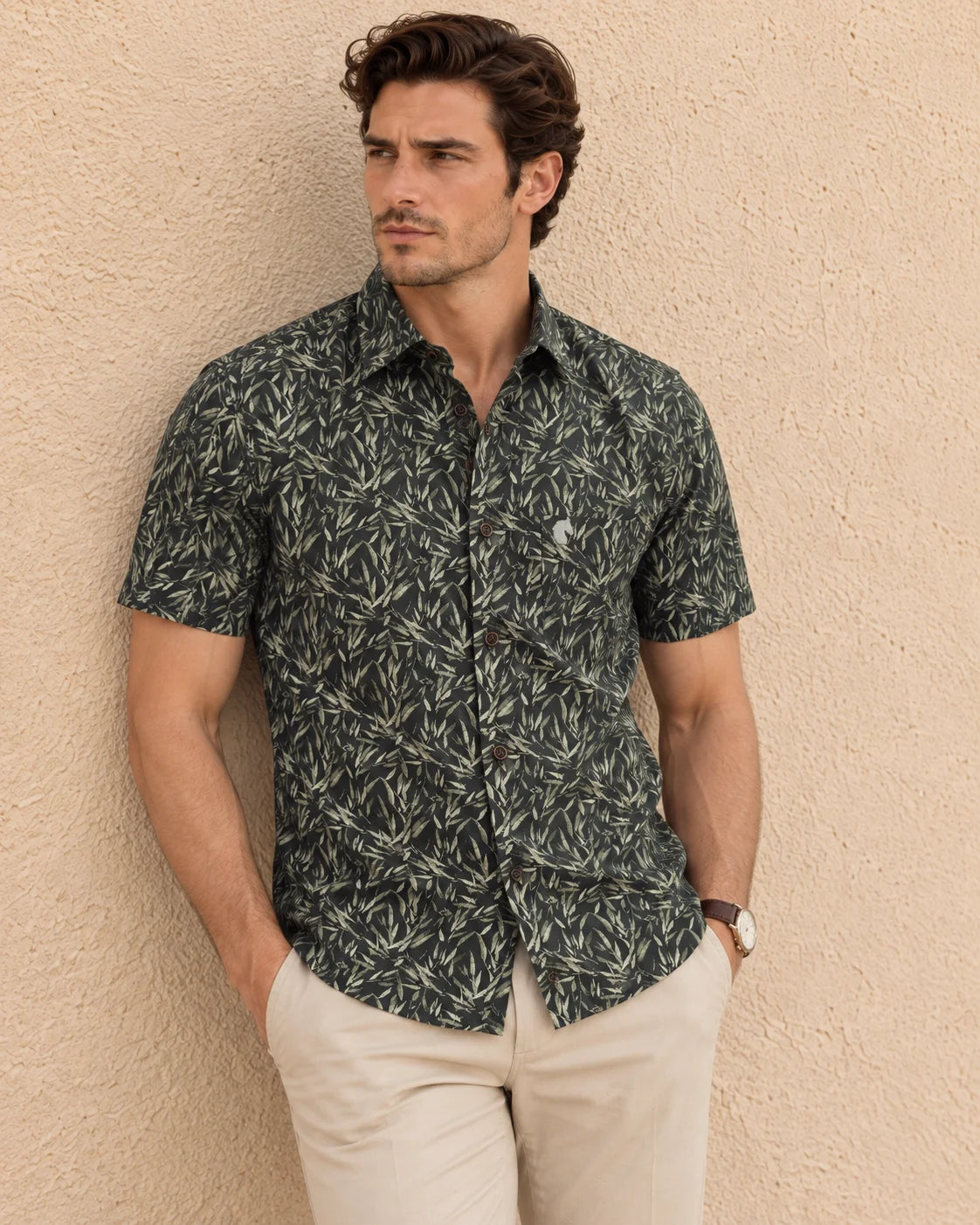 DARK GREEN-MEN'S OXFORD ALL OVER PRINTED SHIRT