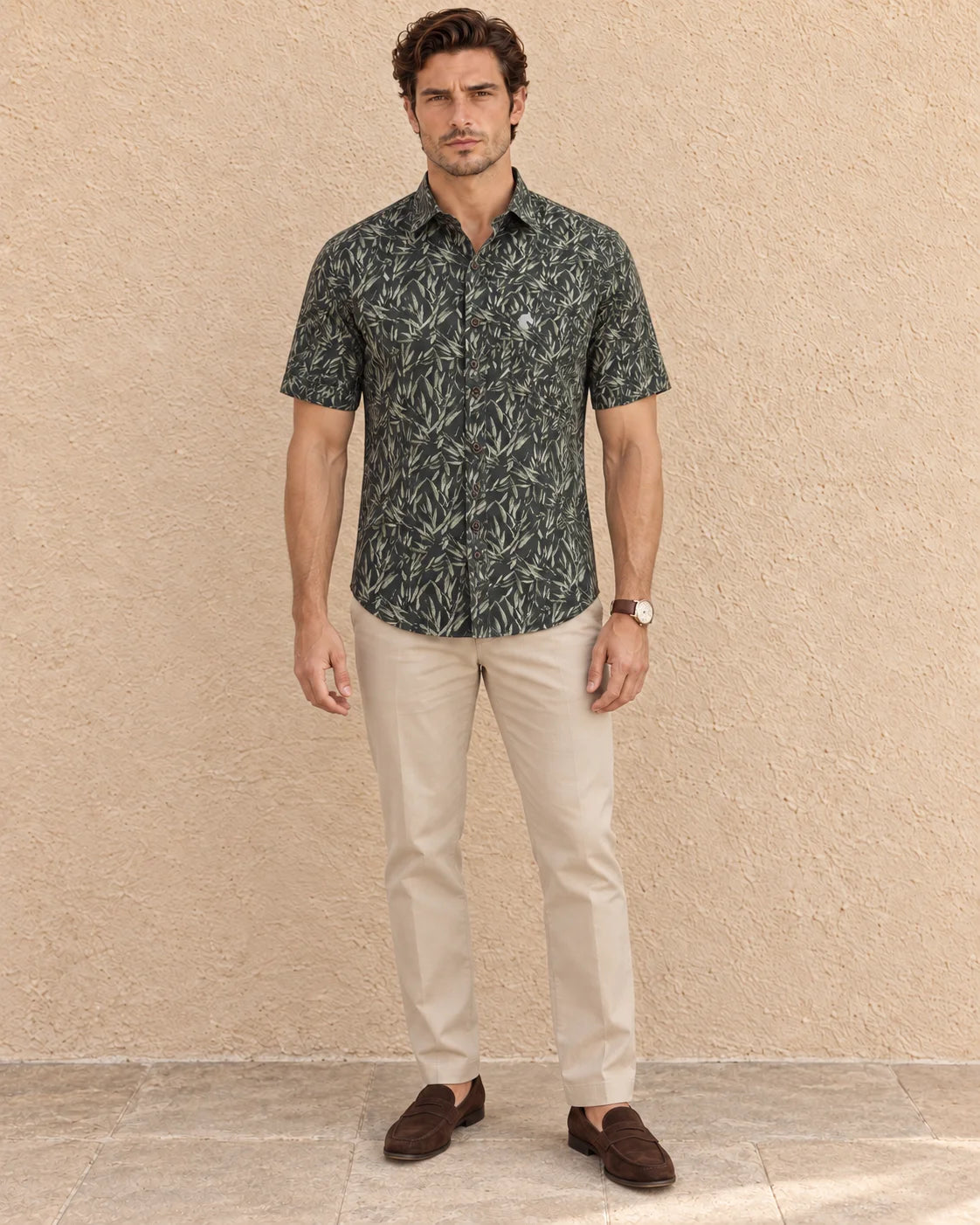 DARK GREEN-MEN'S OXFORD ALL OVER PRINTED SHIRT