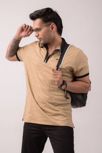 Beige Self Stripes Polo T-Shirt