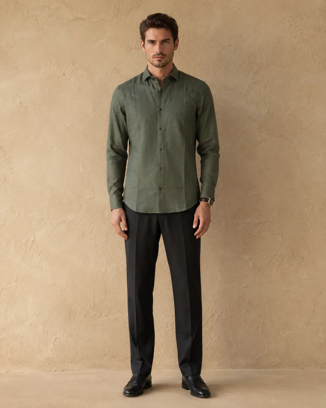 Olive - Men's Linen Solid Slim Fit Shirt