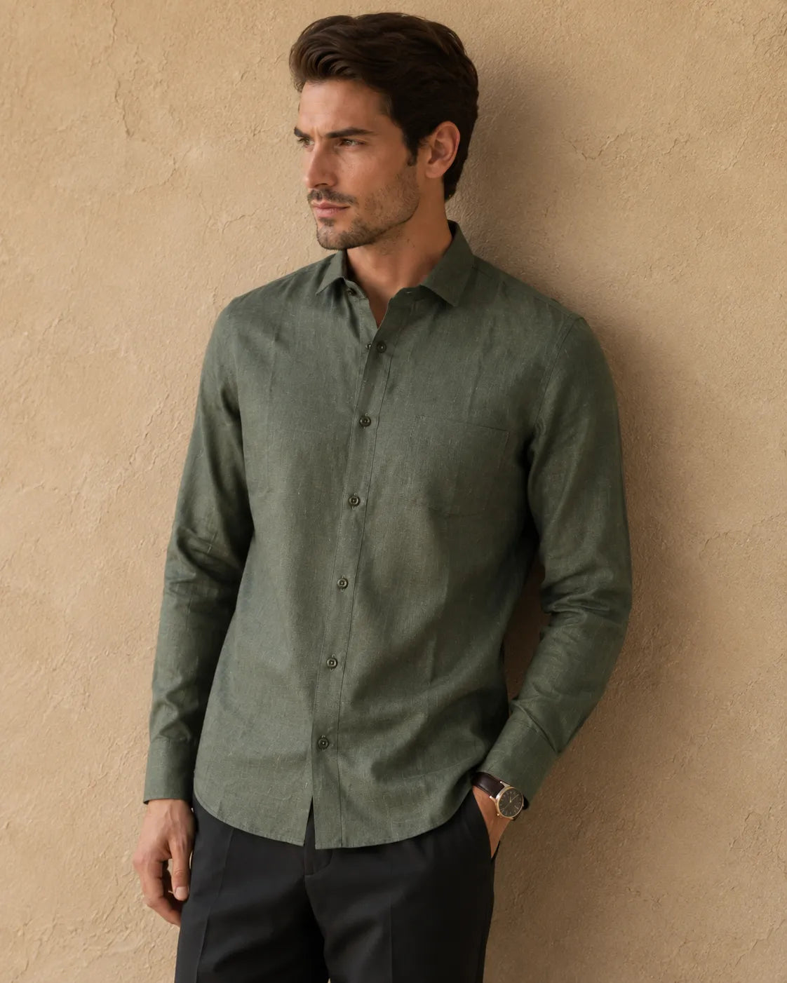 Olive - Men's Linen Solid Slim Fit Shirt