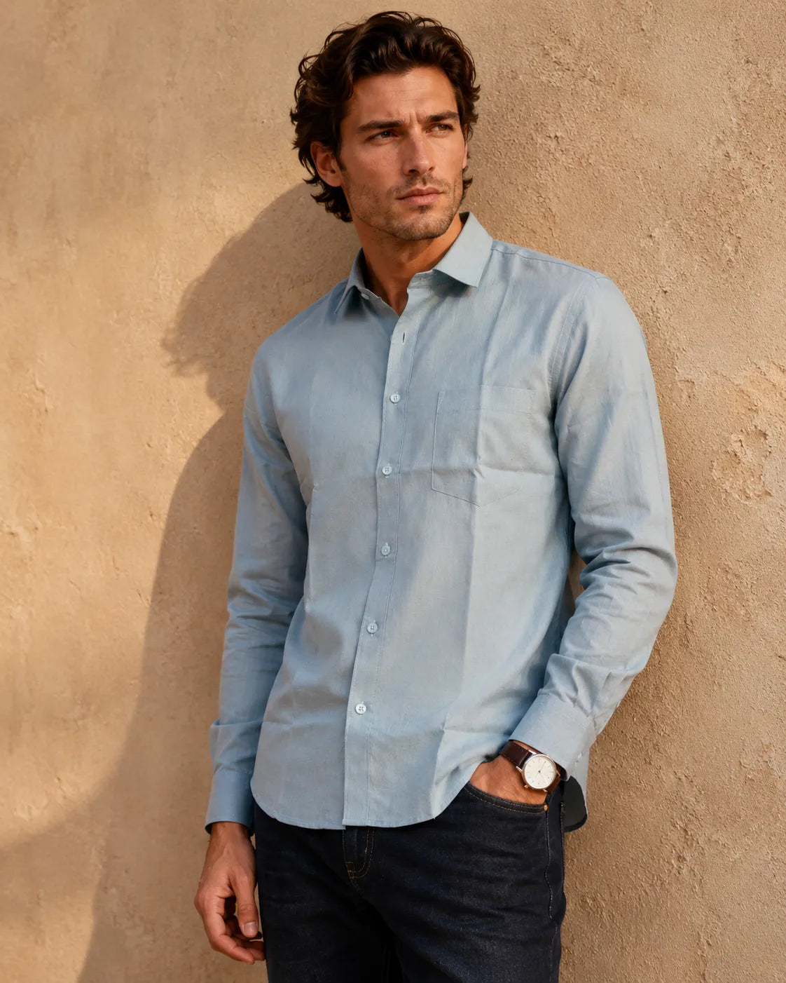 Powder Blue - Men's Linen Solid Slim Fit Shirt