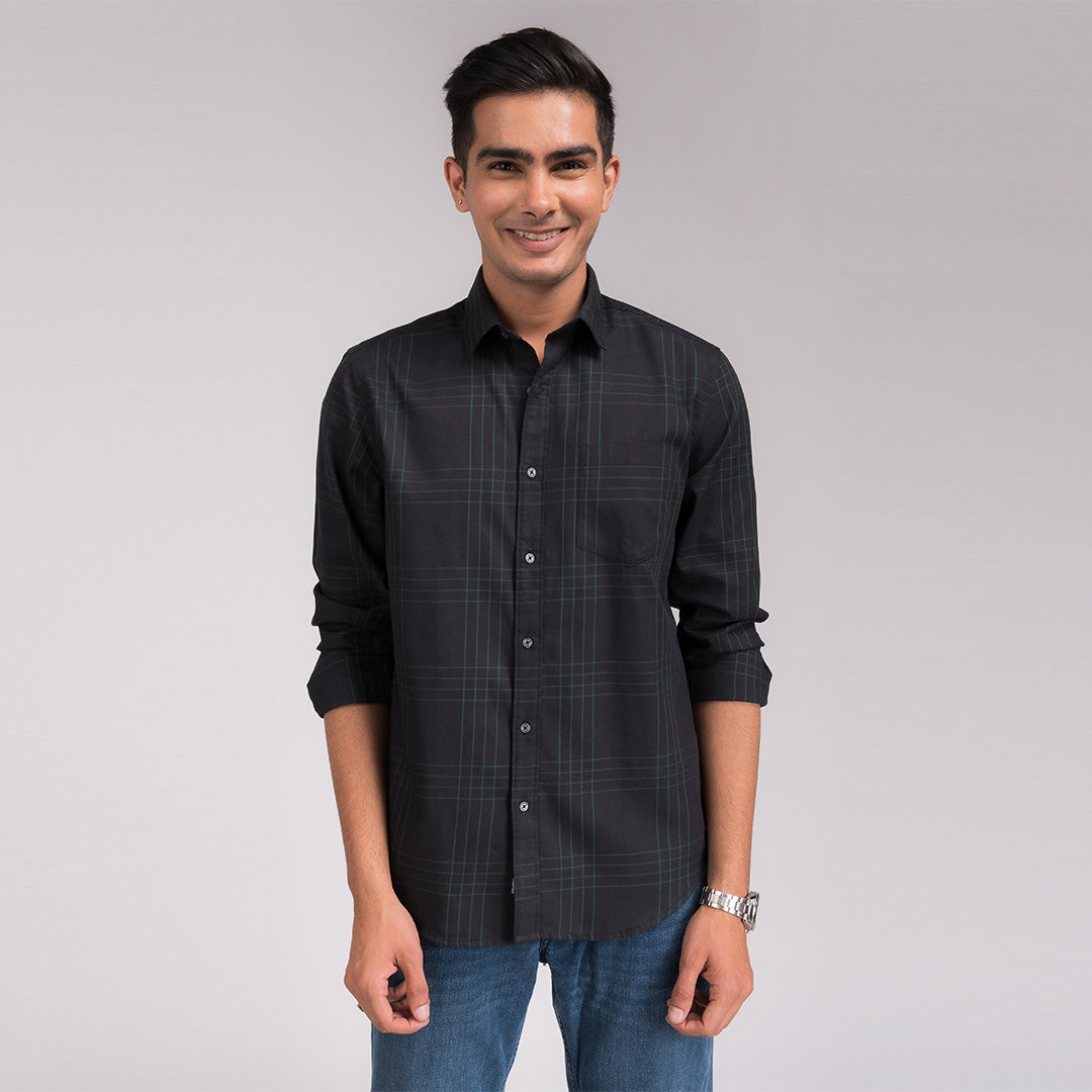 Black Green Printed Slim Fit Shirt