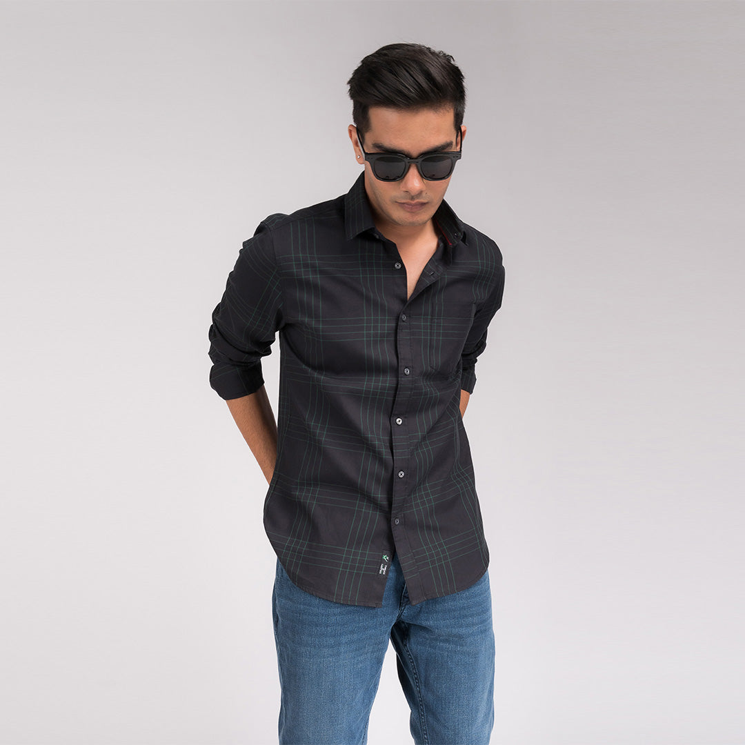 Black Green Printed Slim Fit Shirt