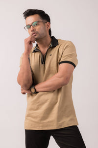 Beige Self Stripes Polo T-Shirt