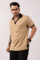 Beige Self Stripes Polo T-Shirt