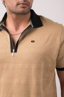 Beige Self Stripes Polo T-Shirt