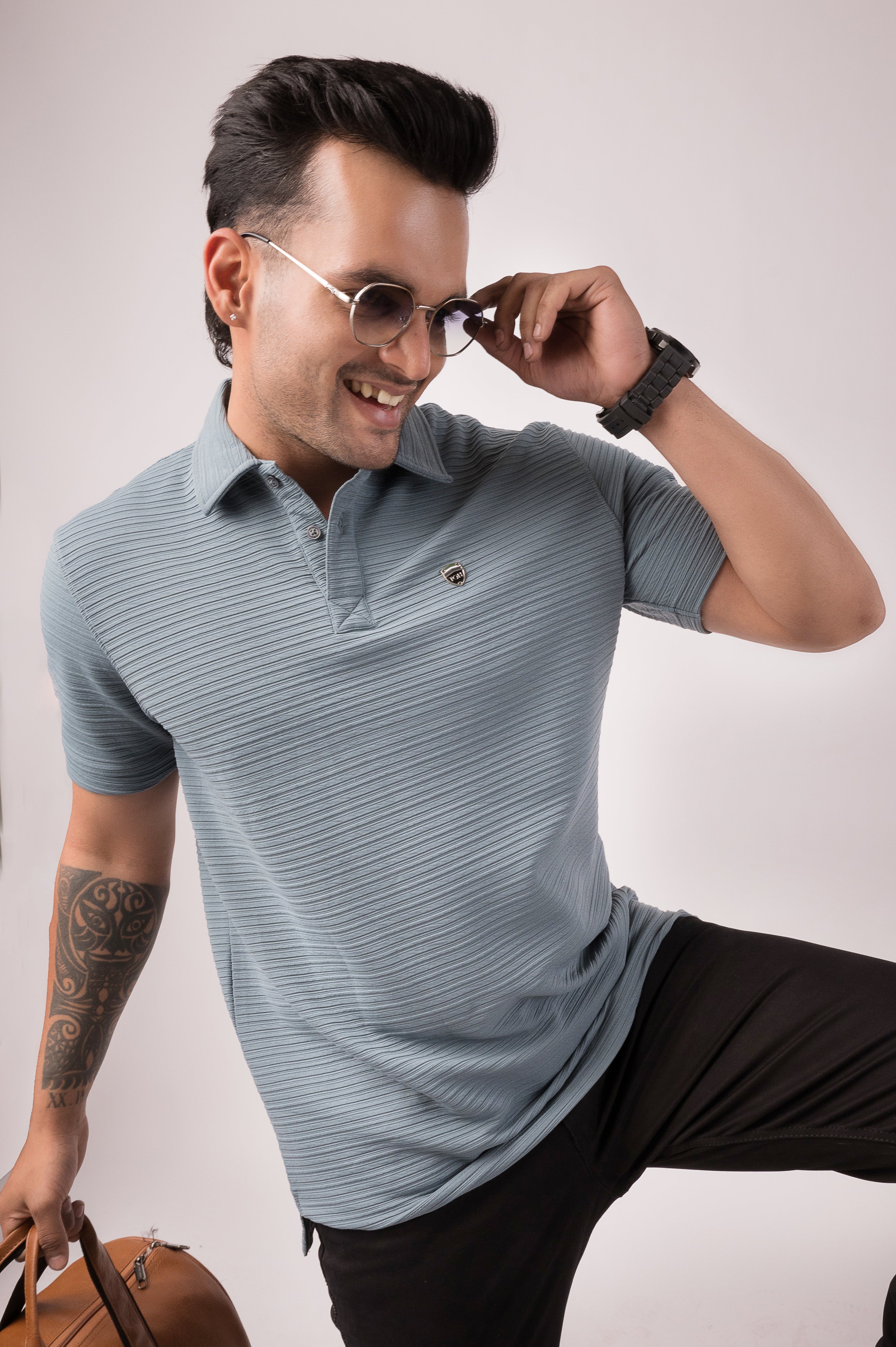 Pale Blue Self Stripes Polo T-Shirt