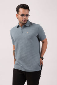 Pale Blue Self Stripes Polo T-Shirt