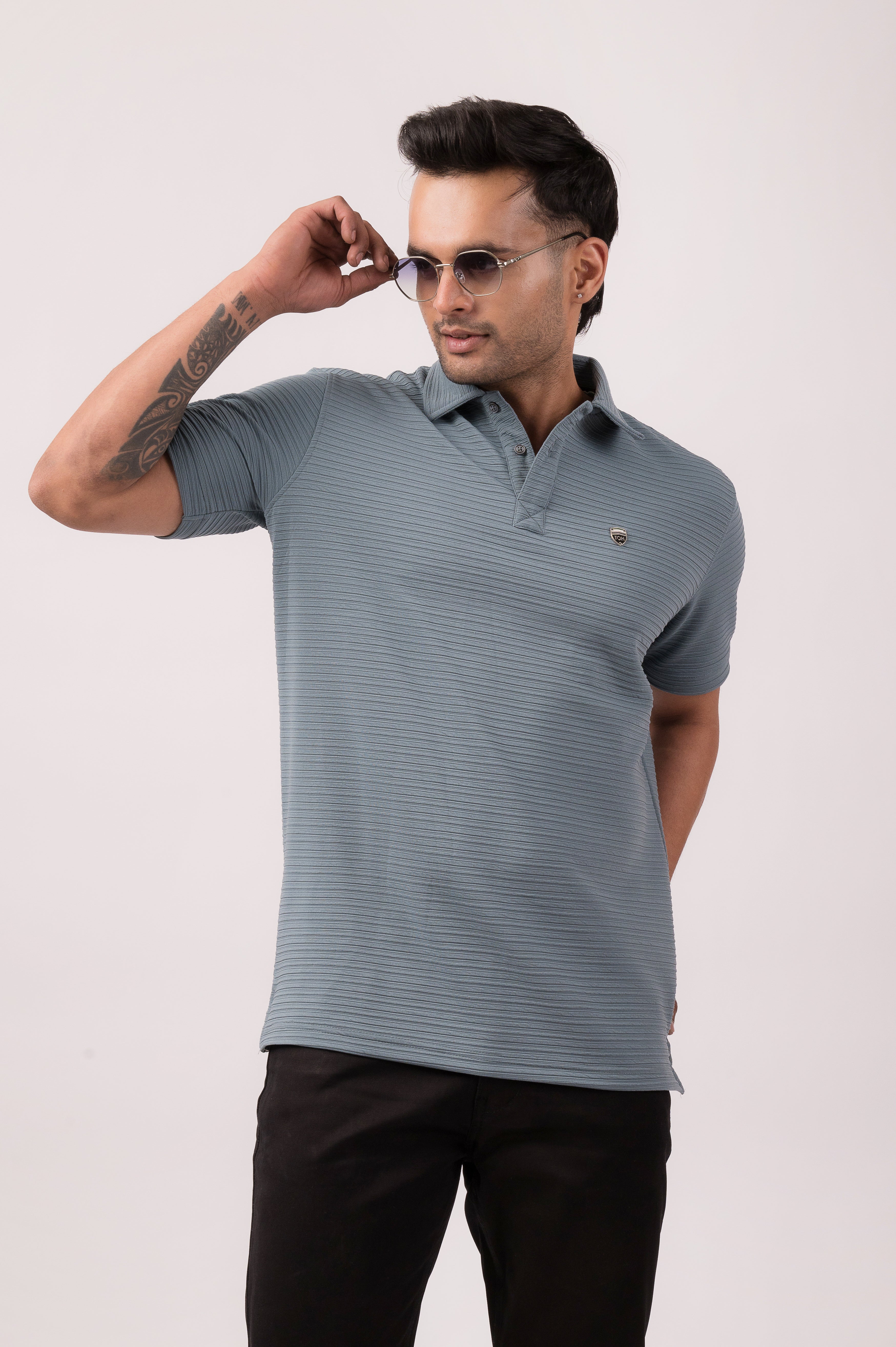 Pale Blue Self Stripes Polo T-Shirt