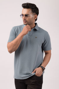 Pale Blue Self Stripes Polo T-Shirt