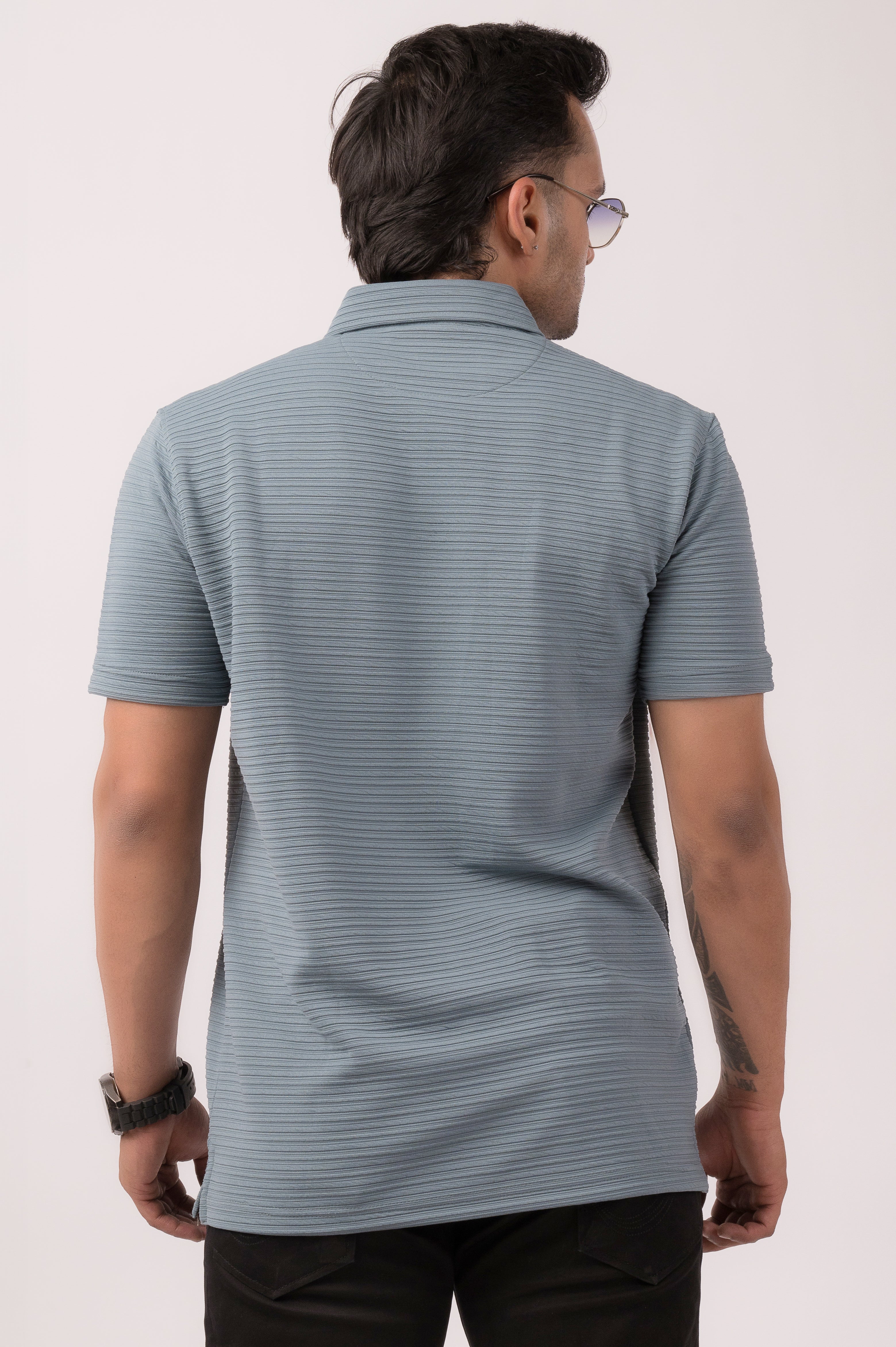 Pale Blue Self Stripes Polo T-Shirt